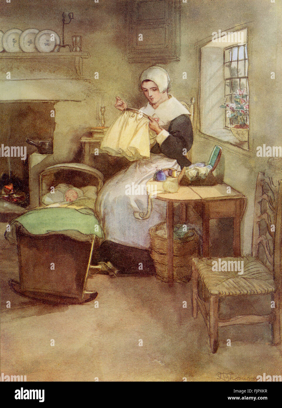 Der scharlachrote Buchstabe, eine Romanze von Nathaniel Hawthorme. Zuerst veröffentlicht 1850. Illustrationen von Hugh Thomson. Bildunterschrift lautet: Hester auf ihrer Nadel. (Kapitel 5).       (Roman im 17. Jahrhundert puritanischen Boston, Massachusetts, 1642 bis 1649, erzählt die Geschichte von Hester Prynne, wer eine Tochter durch eine Affäre begreift). US-amerikanische Schriftstellerin NH 4 1804 – 19. Mai 1864. HT englischer Illustrator 1860-1920. Stockfoto