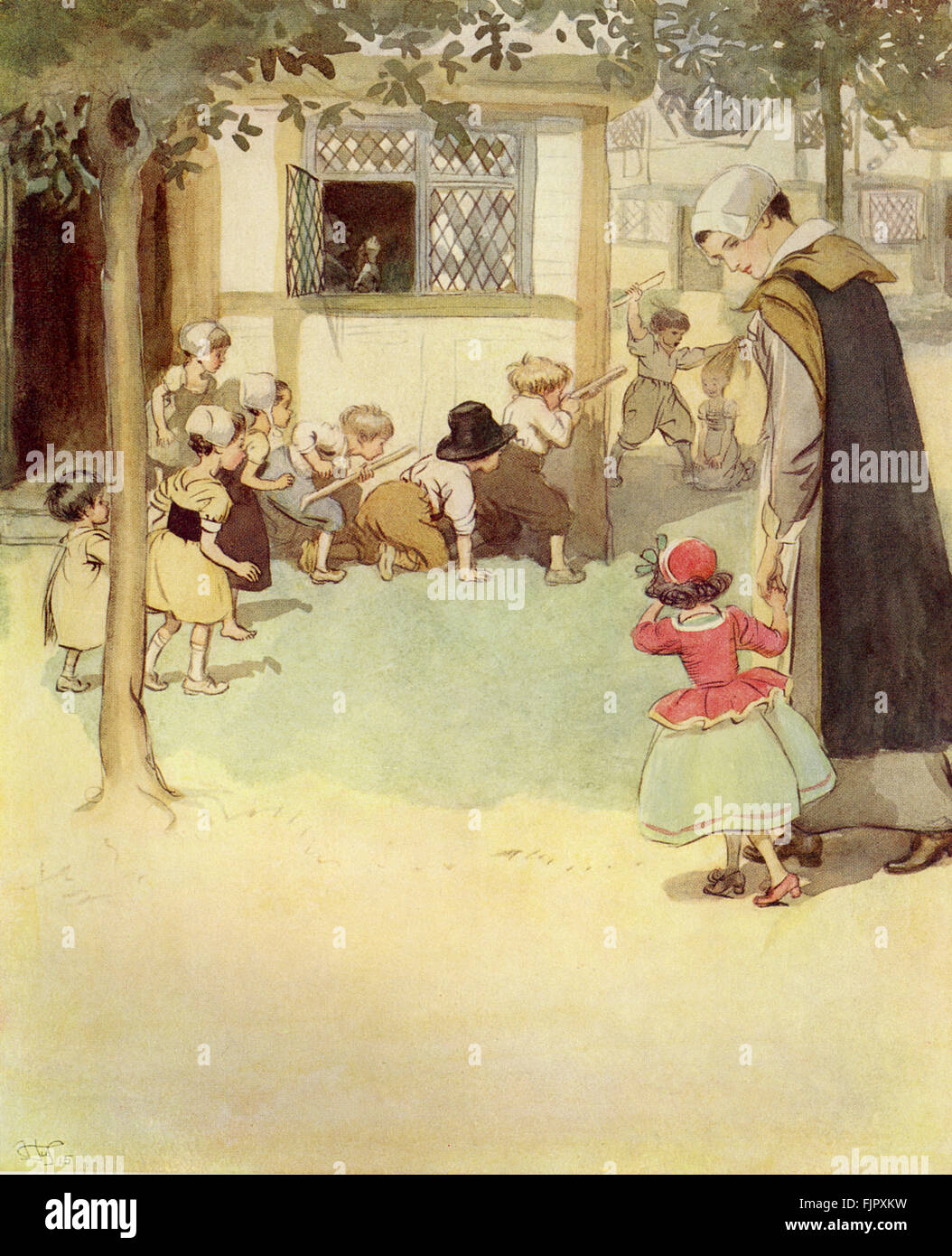 Der scharlachrote Buchstabe, eine Romanze von Nathaniel Hawthorme. Zuerst veröffentlicht 1850. Illustrationen von Hugh Thomson. Bildunterschrift lautet: sie sahen die Kinder der Siedlung am Rande der Straße, grasbewachsenen... selbst in solch düstere Mode miteinander, wie die Puritanic pflegen... . (Kapitel 6).       (Roman im 17. Jahrhundert puritanischen Boston, Massachusetts, 1642 bis 1649, erzählt die Geschichte von Hester Prynne, wer eine Tochter durch eine Affäre begreift). US-amerikanische Schriftstellerin NH 4 1804 – 19. Mai 1864. HT englischer Illustrator 1860-1920. Stockfoto