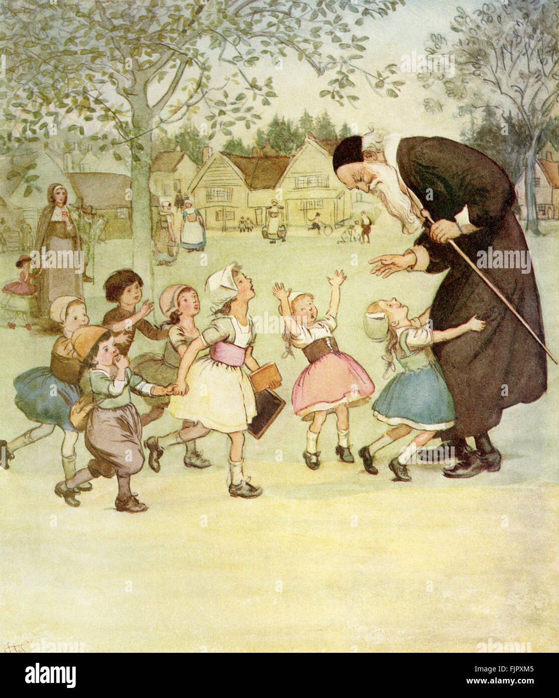 Der scharlachrote Buchstabe, eine Romanze von Nathaniel Hawthorme. Zuerst veröffentlicht 1850. Illustrationen von Hugh Thomson. Bildunterschrift lautet: in der Regel einen großen Favoriten mit Kindern... Herr Wilson... (Kapitel 8)   (Roman im 17. Jahrhundert puritanischen Boston, Massachusetts, 1642 bis 1649, erzählt die Geschichte von Hester Prynne, wer eine Tochter durch eine Affäre begreift). US-amerikanische Schriftstellerin NH 4 1804 – 19. Mai 1864. HT englischer Illustrator 1860-1920. Stockfoto