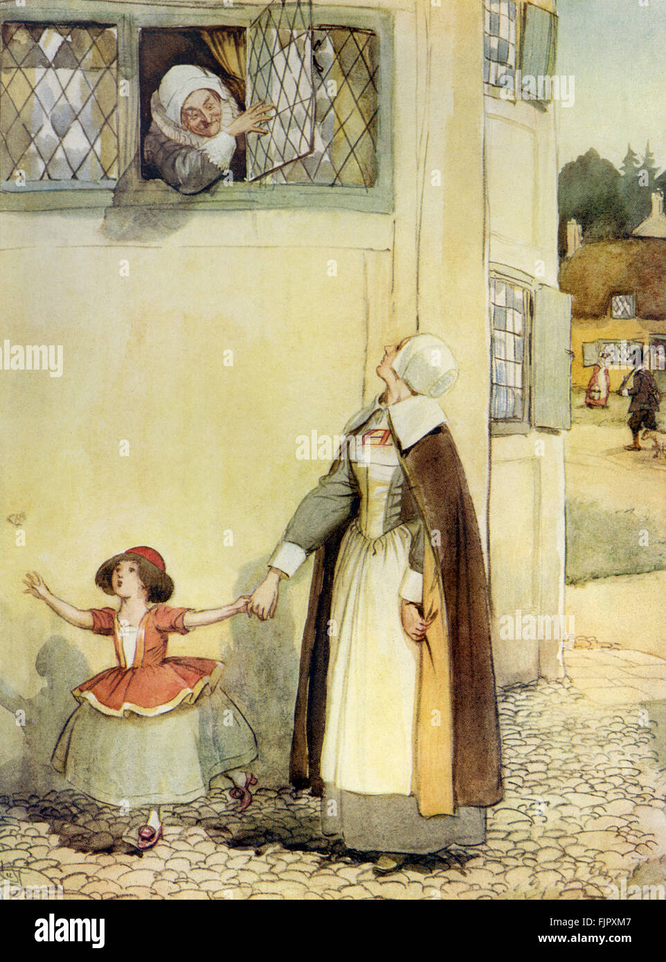 Der scharlachrote Buchstabe, eine Romanze von Nathaniel Hawthorme. Zuerst veröffentlicht 1850. Illustrationen von Hugh Thomson. Bildunterschrift lautet: in den sonnigen Tag war der Cae der Herrin Hibbins Schub. (Kapitel 8)   (Roman im 17. Jahrhundert puritanischen Boston, Massachusetts, 1642 bis 1649, erzählt die Geschichte von Hester Prynne, wer eine Tochter durch eine Affäre begreift). US-amerikanische Schriftstellerin NH 4 1804 – 19. Mai 1864. HT englischer Illustrator 1860-1920. Stockfoto