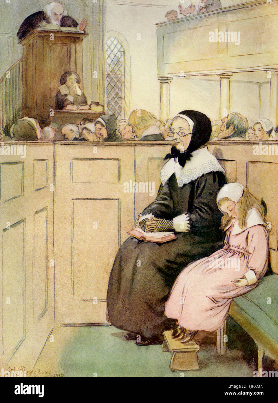 Der scharlachrote Buchstabe, eine Romanze von Nathaniel Hawthorme. Zuerst veröffentlicht 1850. Illustrationen von Hugh Thomson. Bildunterschrift lautet: eine fromme Witwe des guten sozialen Rang (der Pfarrer Herr Dimmesdale und Roger Chillingworth eingelegt). (Kapitel 9).  (Roman im 17. Jahrhundert puritanischen Boston, Massachusetts, 1642 bis 1649, erzählt die Geschichte von Hester Prynne, wer eine Tochter durch eine Affäre begreift). US-amerikanische Schriftstellerin NH 4 1804 – 19. Mai 1864. HT englischer Illustrator 1860-1920. Stockfoto