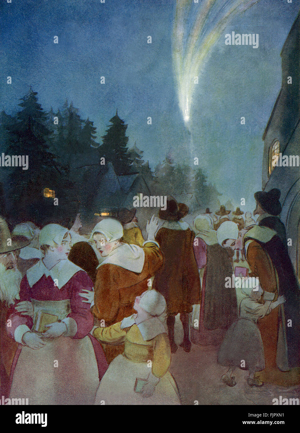 Der scharlachrote Buchstabe, eine Romanze von Nathaniel Hawthorme. Zuerst veröffentlicht 1850. Illustrationen von Hugh Thomson. Bildunterschrift lautet: "einen flammenden Speer, ein Schwert der Flamme, einen Bogen oder eine Garbe von Pfeilen, gesehen in der Midnight Sky" (Warnung vor etwas zu geschehen). (Kapitel 12).  (Roman im 17. Jahrhundert puritanischen Boston, Massachusetts, 1642 bis 1649, erzählt die Geschichte von Hester Prynne, wer eine Tochter durch eine Affäre begreift). US-amerikanische Schriftstellerin NH 4 1804 – 19. Mai 1864. HT englischer Illustrator 1860-1920. Stockfoto