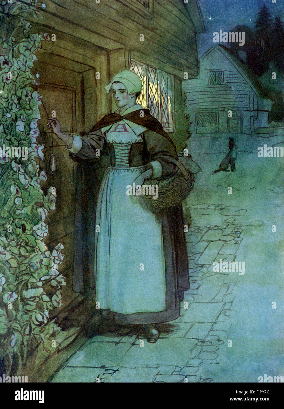 Der scharlachrote Buchstabe, eine Romanze von Nathaniel Hawthorme. Zuerst veröffentlicht 1850. Illustrationen von Hugh Thomson. Bildunterschrift lautet: keiner also selbst gewidmet als Hester, wenn Pest durch die Stadt verfolgt ". (Kapitel 13).  (Roman im 17. Jahrhundert puritanischen Boston, Massachusetts, 1642 bis 1649, erzählt die Geschichte von Hester Prynne, wer eine Tochter durch eine Affäre begreift). US-amerikanische Schriftstellerin NH 4 1804 – 19. Mai 1864. HT englischer Illustrator 1860-1920. Stockfoto