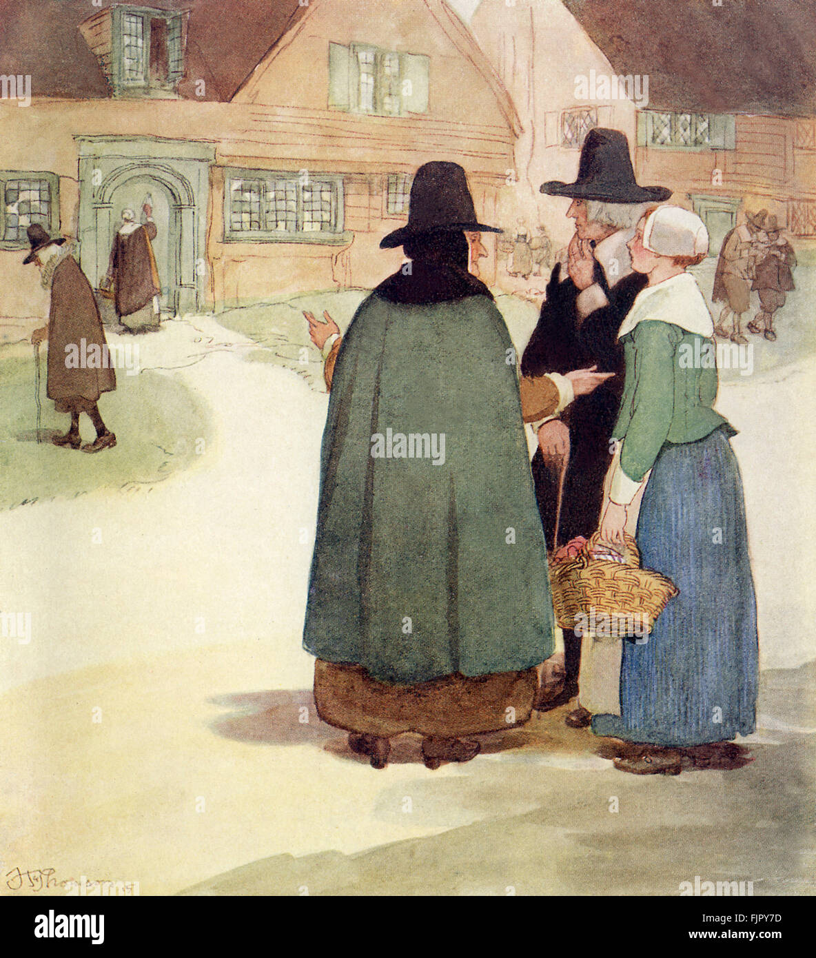 Der scharlachrote Buchstabe, eine Romanze von Nathaniel Hawthorme. Zuerst veröffentlicht 1850. Illustrationen von Hugh Thomson. Bildunterschrift lautet: "Es ist unsere Hester, — die Stadt des eigenen Hester, — wer ist so nett zu den Armen," (Kapitel 13).  (Roman im 17. Jahrhundert puritanischen Boston, Massachusetts, 1642 bis 1649, erzählt die Geschichte von Hester Prynne, wer eine Tochter durch eine Affäre begreift). US-amerikanische Schriftstellerin NH 4 1804 – 19. Mai 1864. HT englischer Illustrator 1860-1920. Stockfoto