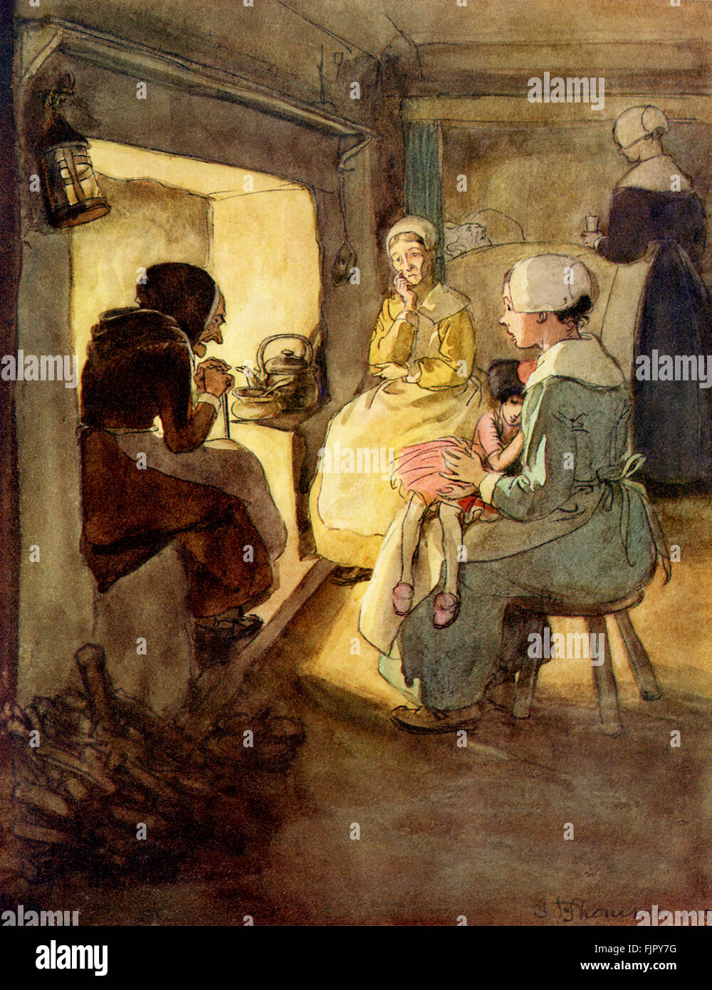 Der scharlachrote Buchstabe, eine Romanze von Nathaniel Hawthorme. Zuerst veröffentlicht 1850. Illustrationen von Hugh Thomson. Bildunterschrift lautet: "Die alte Dame in der Kaminecke, im Haus wo Sie gestern Abend sah," sagte das Kind. "Aber sie glaubte mir schlafen, während sie davon (die Markierung links von dem schwarzen Mann) sprach. "(Kapitel 16).  (Roman im 17. Jahrhundert puritanischen Boston, Massachusetts, 1642 bis 1649, erzählt die Geschichte von Hester Prynne, wer eine Tochter durch eine Affäre begreift). US-amerikanische Schriftstellerin NH 4 1804 – 19. Mai 1864. HT englischer Illustrator 1860-1920. Stockfoto