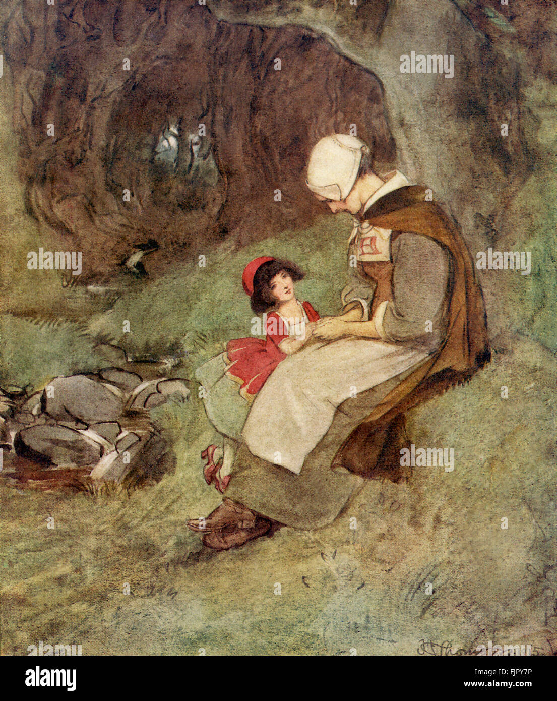 Der scharlachrote Buchstabe, eine Romanze von Nathaniel Hawthorme. Zuerst veröffentlicht 1850. Illustrationen von Hugh Thomson. Bildunterschrift lautet: "was die traurige Bächlein sagen, Mutter? ... Ist es denn, wenn der Minister seinen Namen in das Buch schrieb, der schwarze Mann seine Marke gesetzt. "(Kapitel 16).  (Roman im 17. Jahrhundert puritanischen Boston, Massachusetts, 1642 bis 1649, erzählt die Geschichte von Hester Prynne, wer eine Tochter durch eine Affäre begreift). US-amerikanische Schriftstellerin NH 4 1804 – 19. Mai 1864. HT englischer Illustrator 1860-1920. Stockfoto