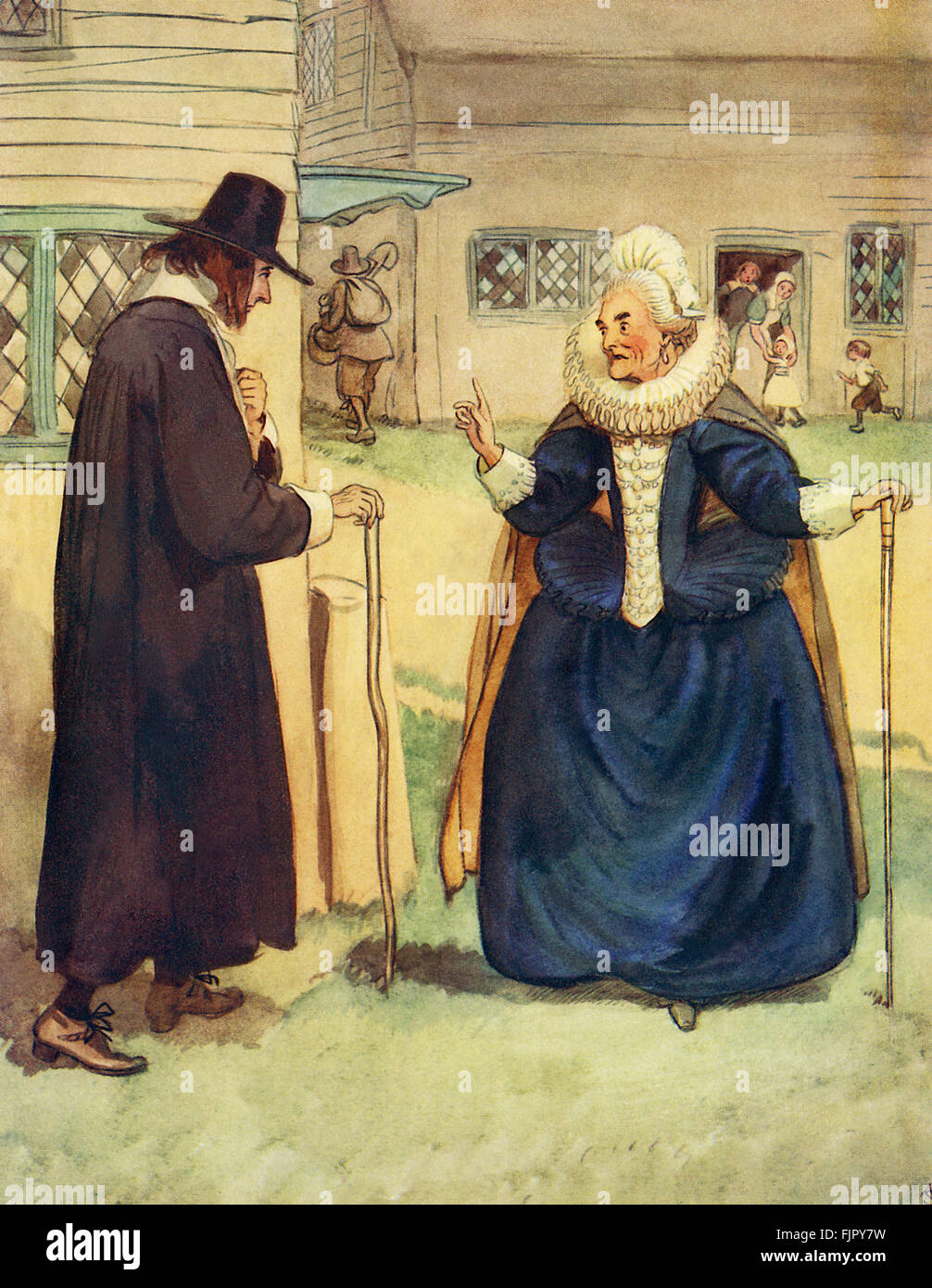 Der scharlachrote Buchstabe, eine Romanze von Nathaniel Hawthorme. Zuerst veröffentlicht 1850. Illustrationen von Hugh Thomson. Bildunterschrift lautet: "So Reverend Sir, haben Sie einen Besuch in den Wald gemacht", beobachtet der Hexe-junge. (Mistress Hibbins und Reverend Herr Dimmesdale) "(Kapitel 20).  (Roman im 17. Jahrhundert puritanischen Boston, Massachusetts, 1642 bis 1649, erzählt die Geschichte von Hester Prynne, wer eine Tochter durch eine Affäre begreift). US-amerikanische Schriftstellerin NH 4 1804 – 19. Mai 1864. HT englischer Illustrator 1860-1920. Stockfoto