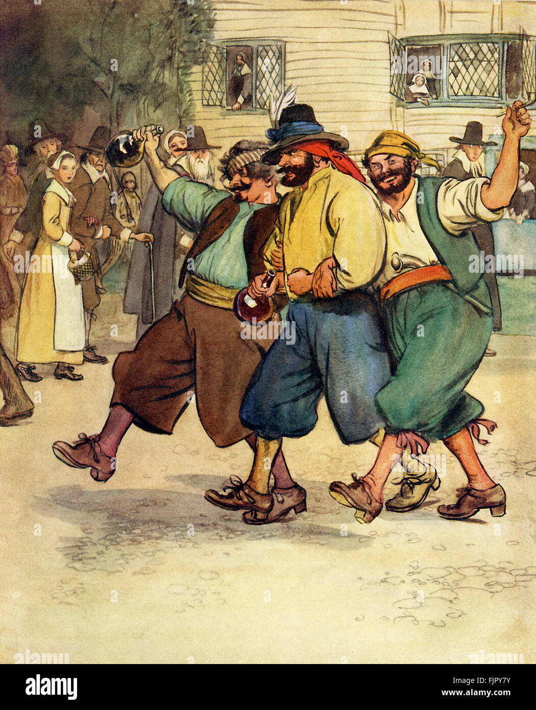 Der scharlachrote Buchstabe, eine Romanze von Nathaniel Hawthorme. Zuerst veröffentlicht 1850. Illustrationen von Hugh Thomson. Bildunterschrift lautet: "sie waren rauh aussehende Desperados (Crew vom Schiff aus dem spanischen)... Sie überschritten, ohne Angst oder Skrupel, die Verhaltensregeln, die für alle anderen bindend waren: Rauchtabak... saufend Zugluft Wein... ". "(Kapitel 21).  (Roman im 17. Jahrhundert puritanischen Boston, Massachusetts, 1642 bis 1649, erzählt die Geschichte von Hester Prynne, wer eine Tochter durch eine Affäre begreift). US-amerikanische Schriftstellerin NH 4 1804 – 19. Mai 1864. Englische Illusrato HT Stockfoto