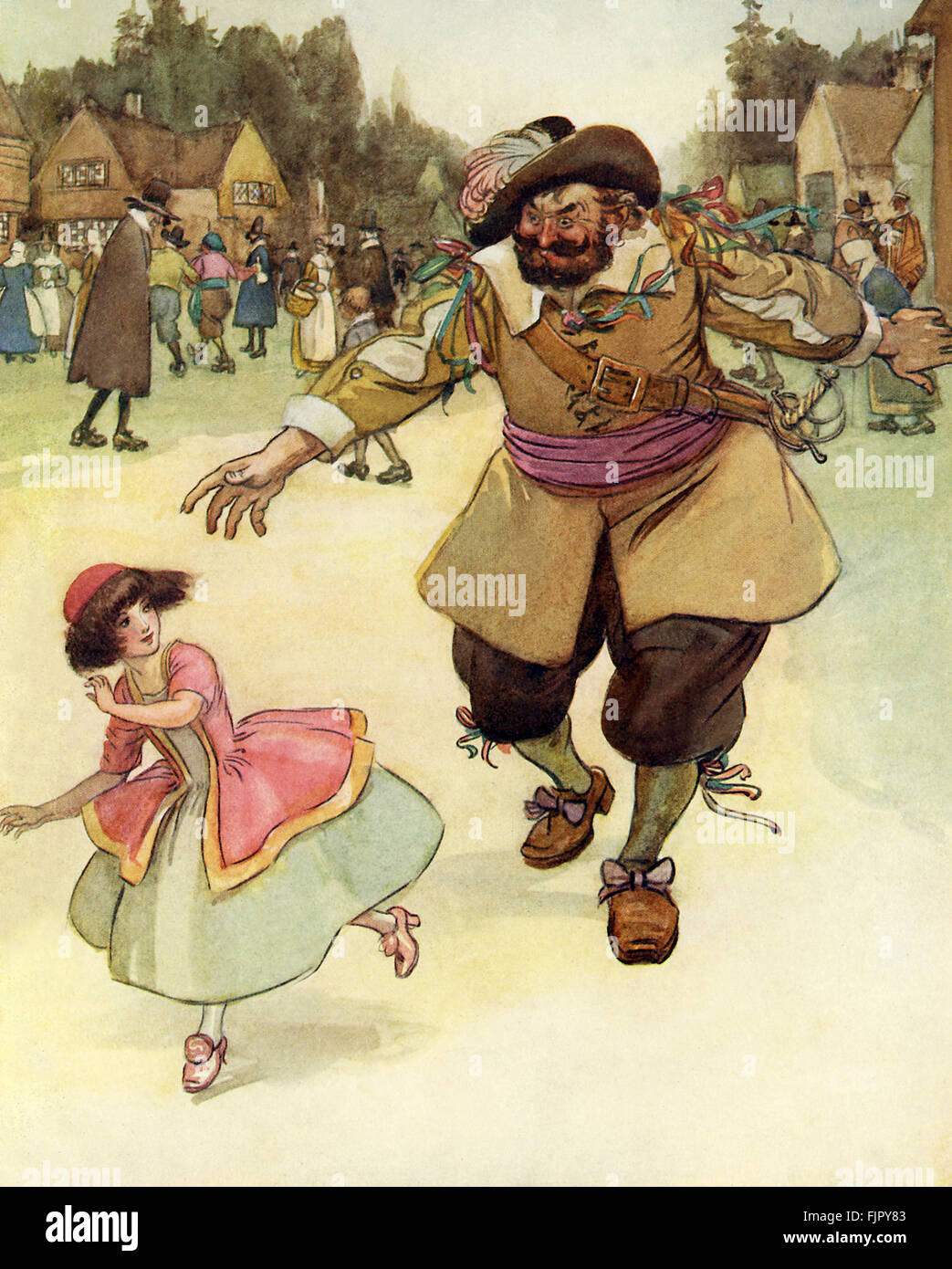 Der scharlachrote Buchstabe, eine Romanze von Nathaniel Hawthorme. Zuerst veröffentlicht 1850. Illustrationen von Hugh Thomson. Bildunterschrift lautet: "mit dem Zweck, einen Kuss zu entreißen. (Der Schiffer jagt nach Pearl) "(Kapitel 22).  (Roman im 17. Jahrhundert puritanischen Boston, Massachusetts, 1642 bis 1649, erzählt die Geschichte von Hester Prynne, wer eine Tochter durch eine Affäre begreift). US-amerikanische Schriftstellerin NH 4 1804 – 19. Mai 1864. HT englischer Illustrator 1860-1920. Stockfoto