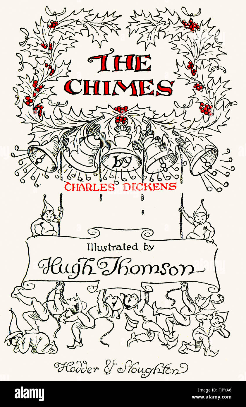 Titelseite der Glockenspiele von Charles Dickens. Illustrationen von Hugh Thomson. Zuerst veröffentlicht 1844. Abbildung zeigt die Geister der Glocken und Dienern Goblin.  CD-englische Schriftsteller 7. Februar 1812 – 9. Juni 1870. HT: Englischer Illustrator 1860-1920. Stockfoto