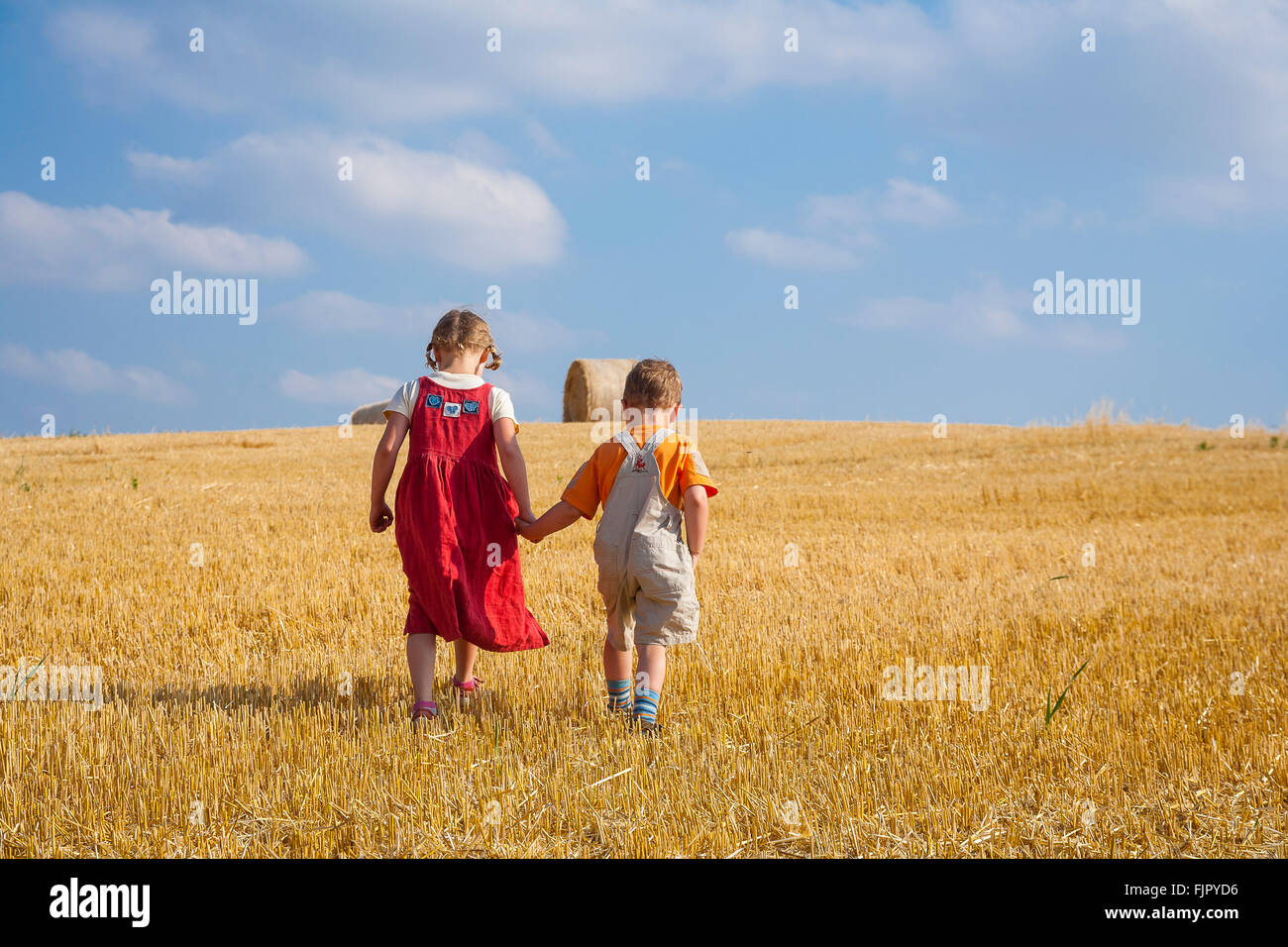Mädchen und jungen halten einander die Hände und gehen auf einem großen Stoppelfeld, Deutschland Stockfoto