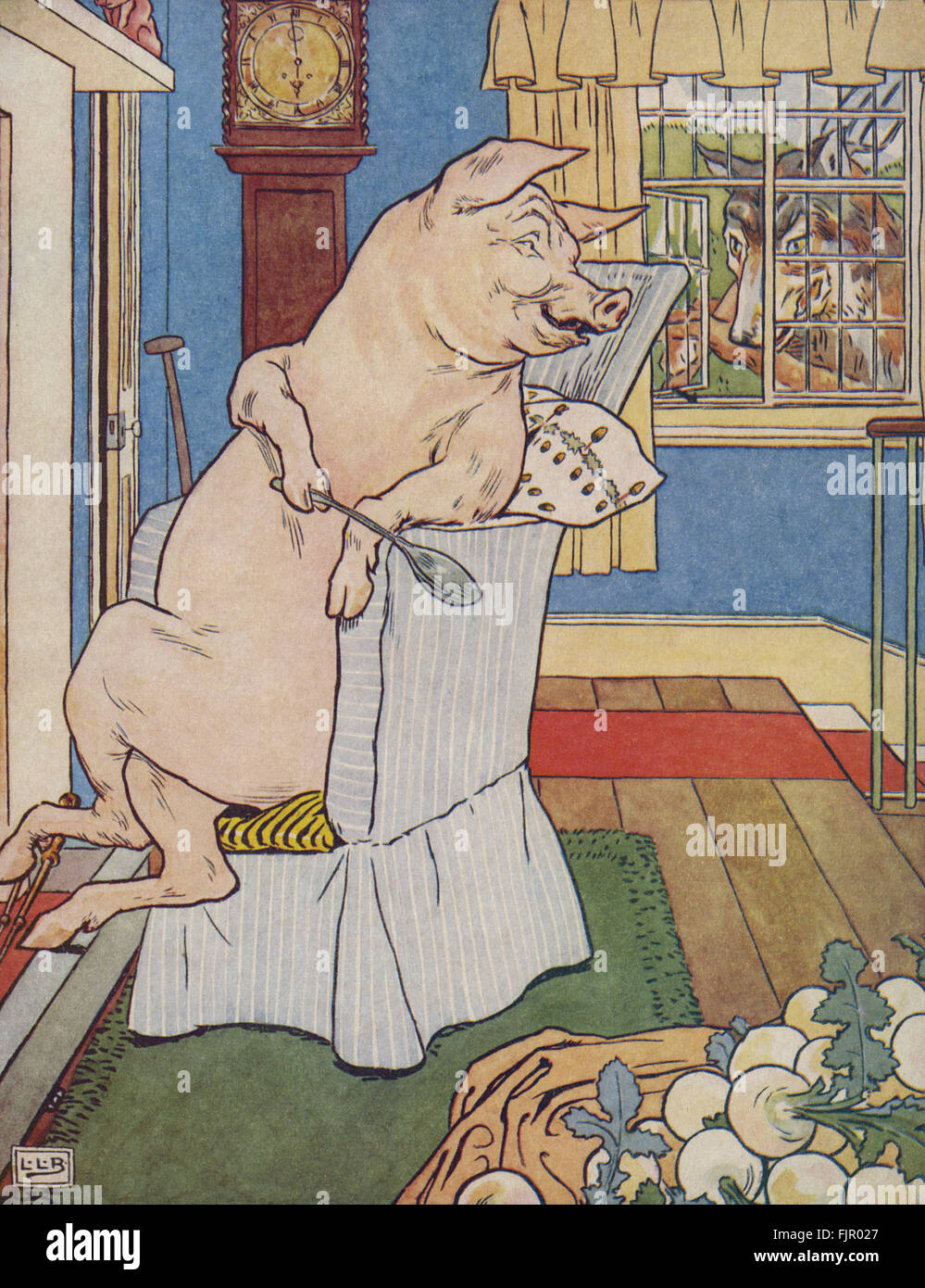 Die drei kleinen Schweinchen, der Wolf im Fenster das dritte Schwein, von der goldenen Gans Buch, 1905, illustriert von Leonard Leslie Brooke (1862-1940) Stockfoto