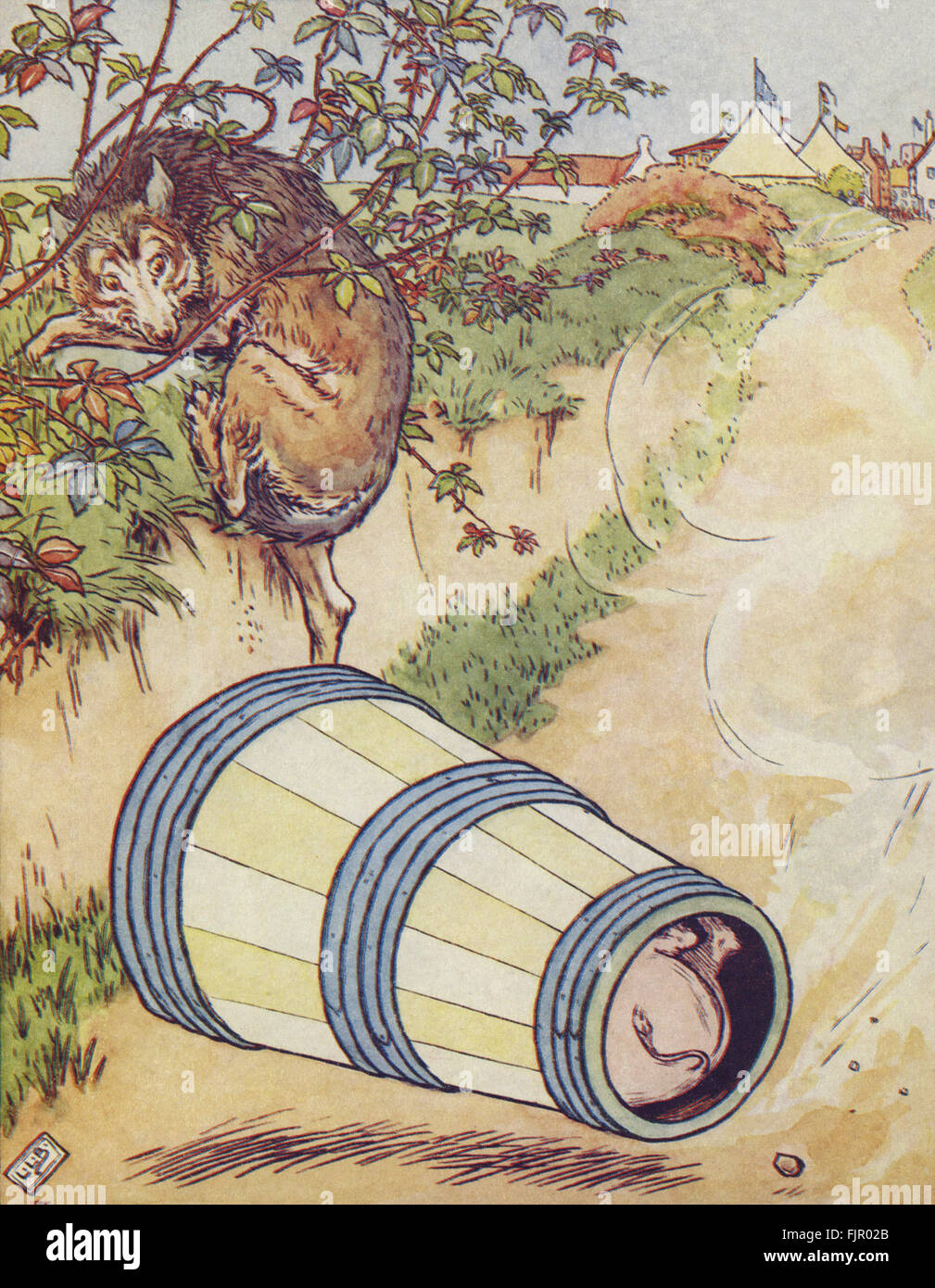 Die drei kleinen Schweinchen, das dritte Schwein erschreckend des Wolfs durch Rollen bergab in einem Butterfass von der Messe von The Golden Goose Book, 1905, illustriert von Leonard Leslie Brooke (1862-1940) Stockfoto