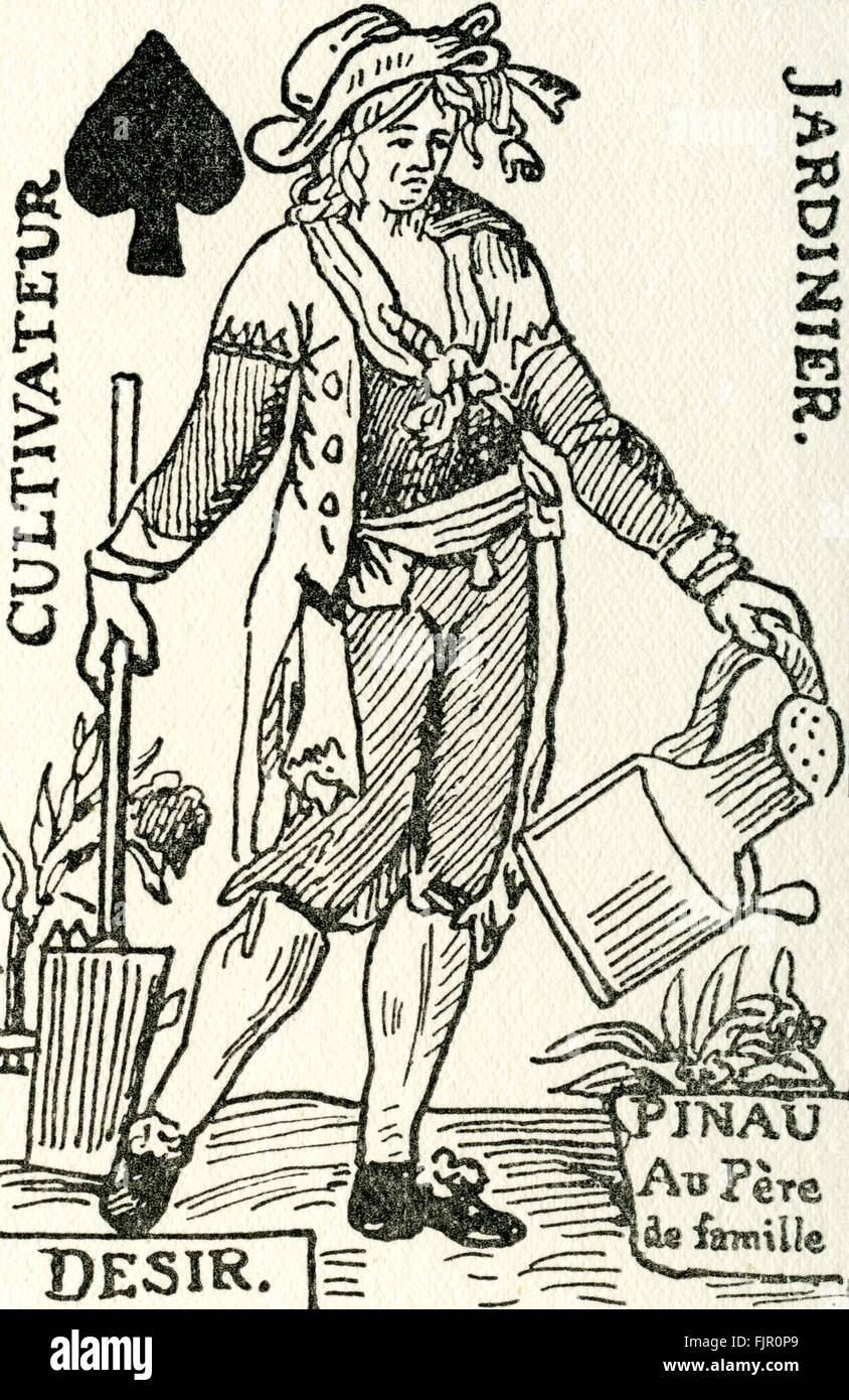 Französische Revolution Gärtner Spaten / Cultivateur (Valet) de weckt. Französische Spielkarte c. 1792 von J. Pinaut. Nach der Revolution Embleme des Königtums wurden entfernt und französischen Kammerdiener (Buben, Buben) wurde "Cultivateurs" (Grubber) "Gleichheit" (Egalites) oder "Helden" (Braves) Stockfoto