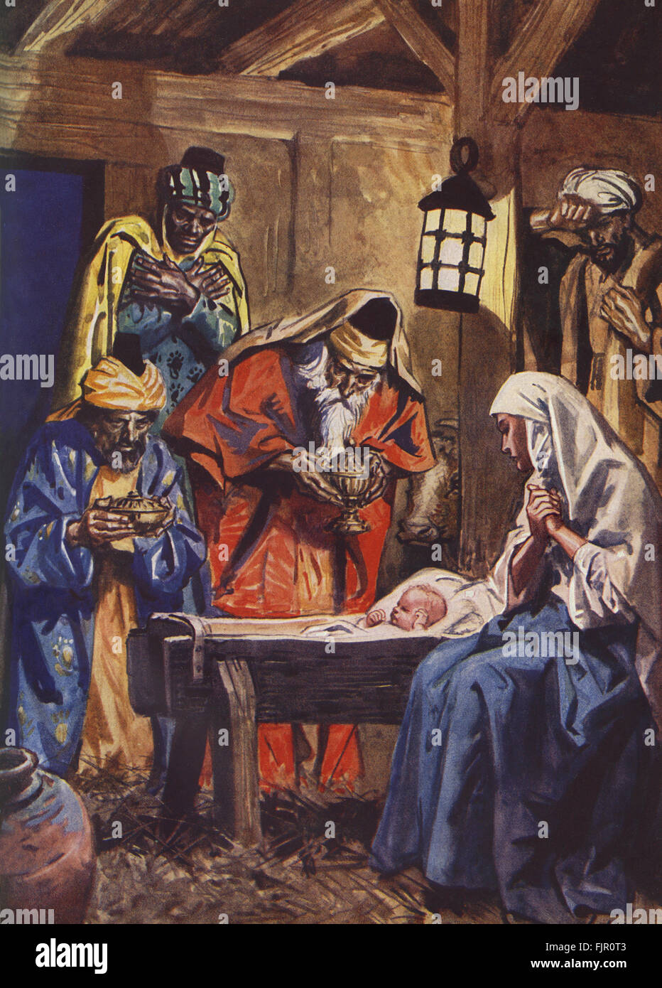 Geburt Jesu in Bethlehem mit der drei weisen Könige und Maria und Josef. Bildunterschrift: "sagen, wo ist der neugeborene König der Juden? Wir haben seinen Stern aufgehen sehen und sind gekommen, ihn anzubeten "Matthäus 2:2.   Illustration von H M Brock 11. Juli 1875 – 21. Juli 1960 Stockfoto