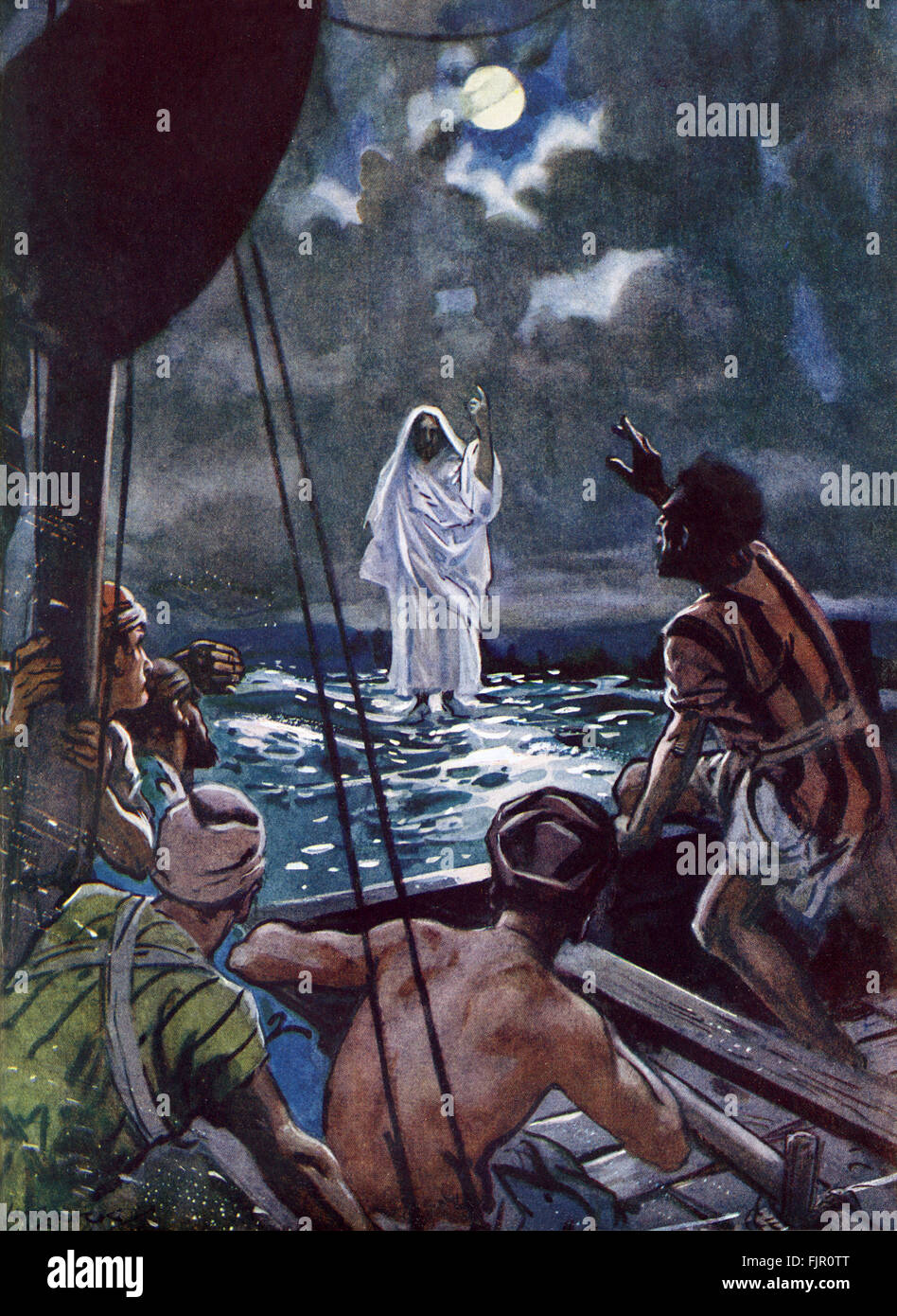 Jesus auf dem See Genezareth. "Kurz vor der Morgendämmerung Jesus ging zu ihnen, zu Fuß auf den See. 2 Wenn die Jünger ihn auf dem See sahen, erschraken sie. "Es ist ein Gespenst,", sagte sie und schrie vor Angst. "  Matthäus 14: 25-26-Illustration von H M Brock 11. Juli 1875 – 21. Juli 1960 Stockfoto