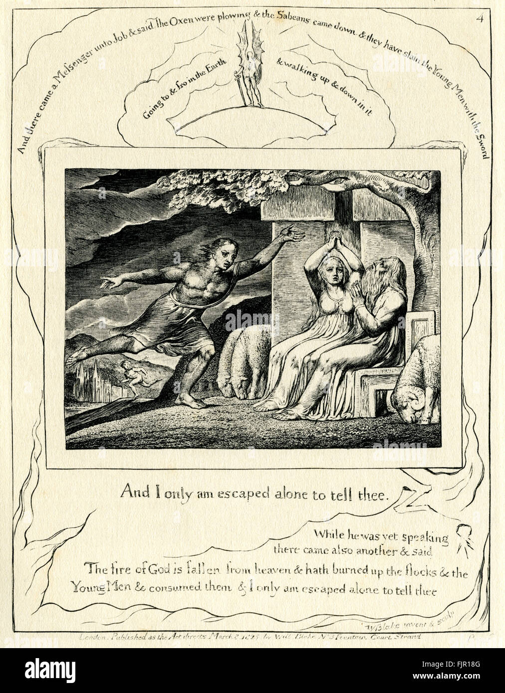 Das Buch Hiob, Illustration von William Blake. Zuerst veröffentlicht 1826.   "Während er noch spricht, es auch eine andere, und sagte kam, das Feuer Gottes ist vom Himmel gefallen und hat verglühte die Schafe und die Diener, und verzehrte sie; und ich bin nur entgangen, allein um dir zu sagen. "  (London veröffentlicht, als das Gesetz von William Blake 8. März 1825 leitet N3 Fountain Court Strang. Nachweis) WB: Englischer Dichter, Maler. 28. November 1757 – 12. August 1827 Stockfoto