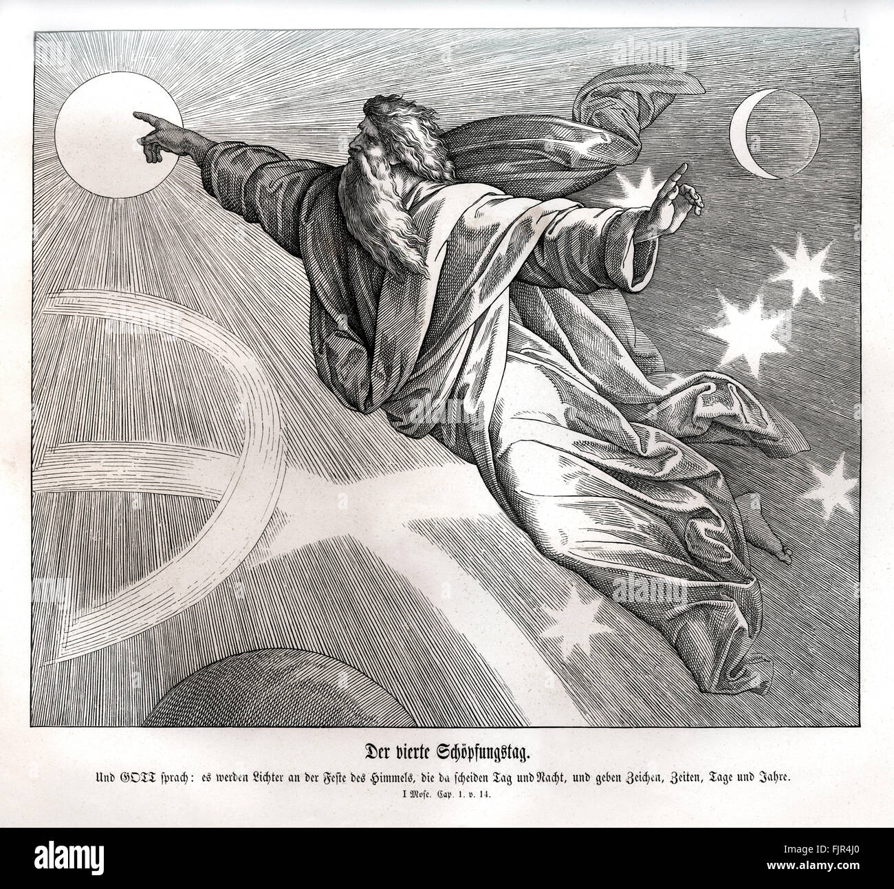 Vierten Tag der Schöpfung, sprach Genesis Kapitel 14' Vers und Gott, es werde Licht am Firmament des Himmels, die Tag und Nacht zu teilen; und Sie seien zu Zeichen werden, und für Jahreszeiten und für Tage und Jahre 1852-60 Illustration von Julius Schnorr von Carolsfeld Stockfoto
