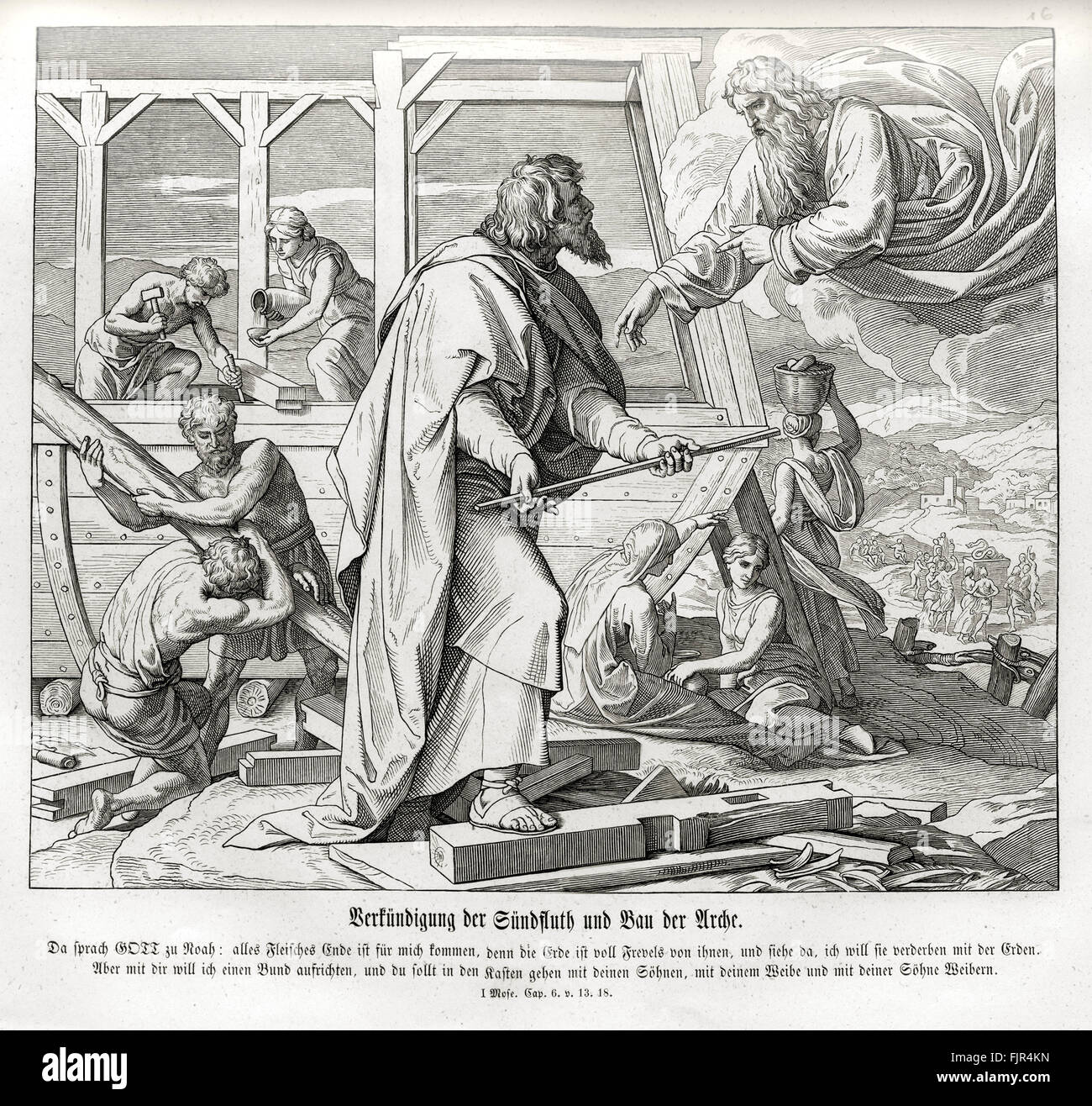 Gott warnt Noah von der Flut und beauftragt ihn, eine Arche zu bauen, Genesis Kapitel VI Verse 13 und 18 "und Gott sprach zu Noah, das Ende allen Fleisches ist kommen vor mir; für die Erde ist voller Gewalt durch sie; und siehe, ich will sie verderben mit der Erde...  Aber mit dir wird ich meinen Bund zu etablieren; und du sollst in die Arche, du und deine Söhne und dein Weib und deine Söhne Frauen mit dir kommen. " 1852-60 Illustration von Julius Schnorr von Carolsfeld Stockfoto