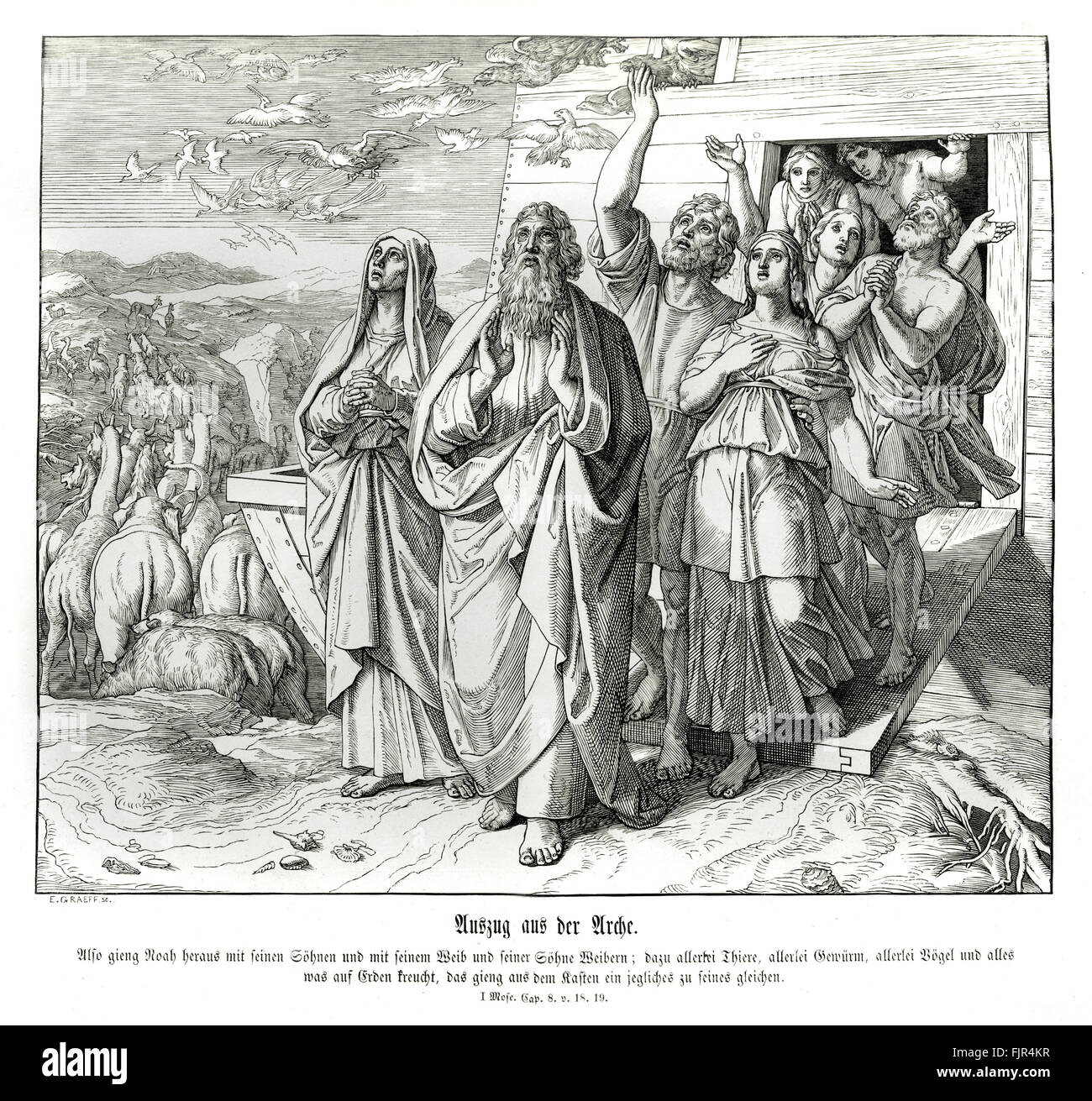 Noah und seine Familie verlassen die Arche nach der Sintflut, Genesis Kapitel VIII Verse 18-19 "und er ging fort, und seine Söhne und seine Frau und seine Söhne Frauen mit ihm. Jedes Tier, jede schleichende Sache und alle Hühner und überhaupt auf der Erde nach ihrer Art, creepeth ging hervor aus der Arche. " 1852-60 Illustration von Julius Schnorr von Carolsfeld Stockfoto
