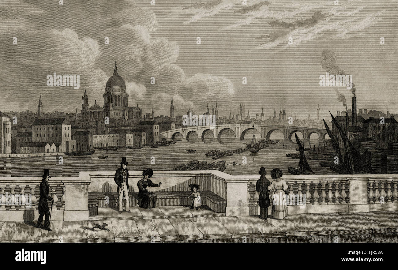 Ansicht des historischen Londons von Waterloo Bridge. 1835 Stockfoto