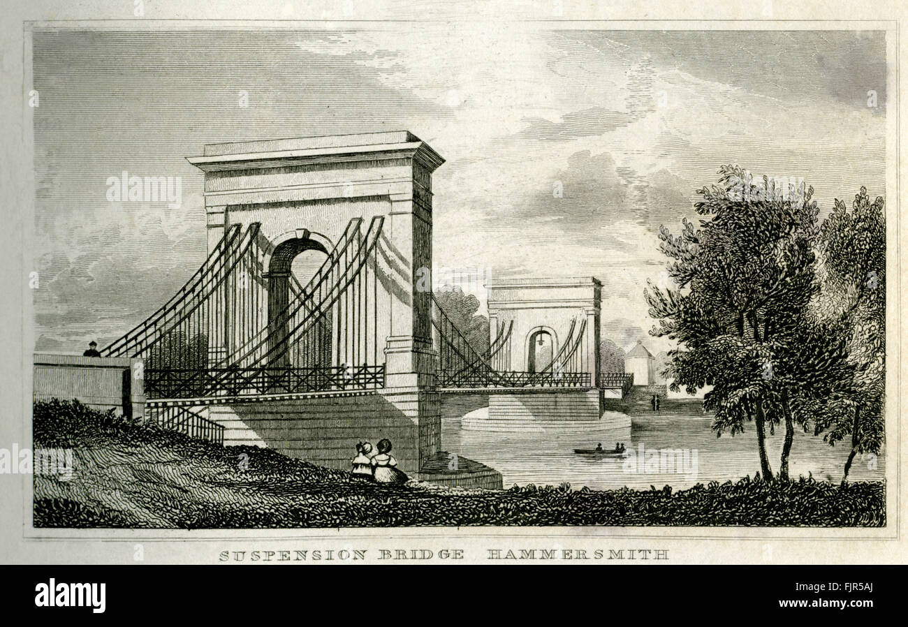 Hängebrücke, Hammersmith, London 1853. Entworfen von William Tierney Clark (1783 – 1852) im Jahre 1824. Im Jahre 1887 ersetzt durch die aktuelle Brücke. Stockfoto
