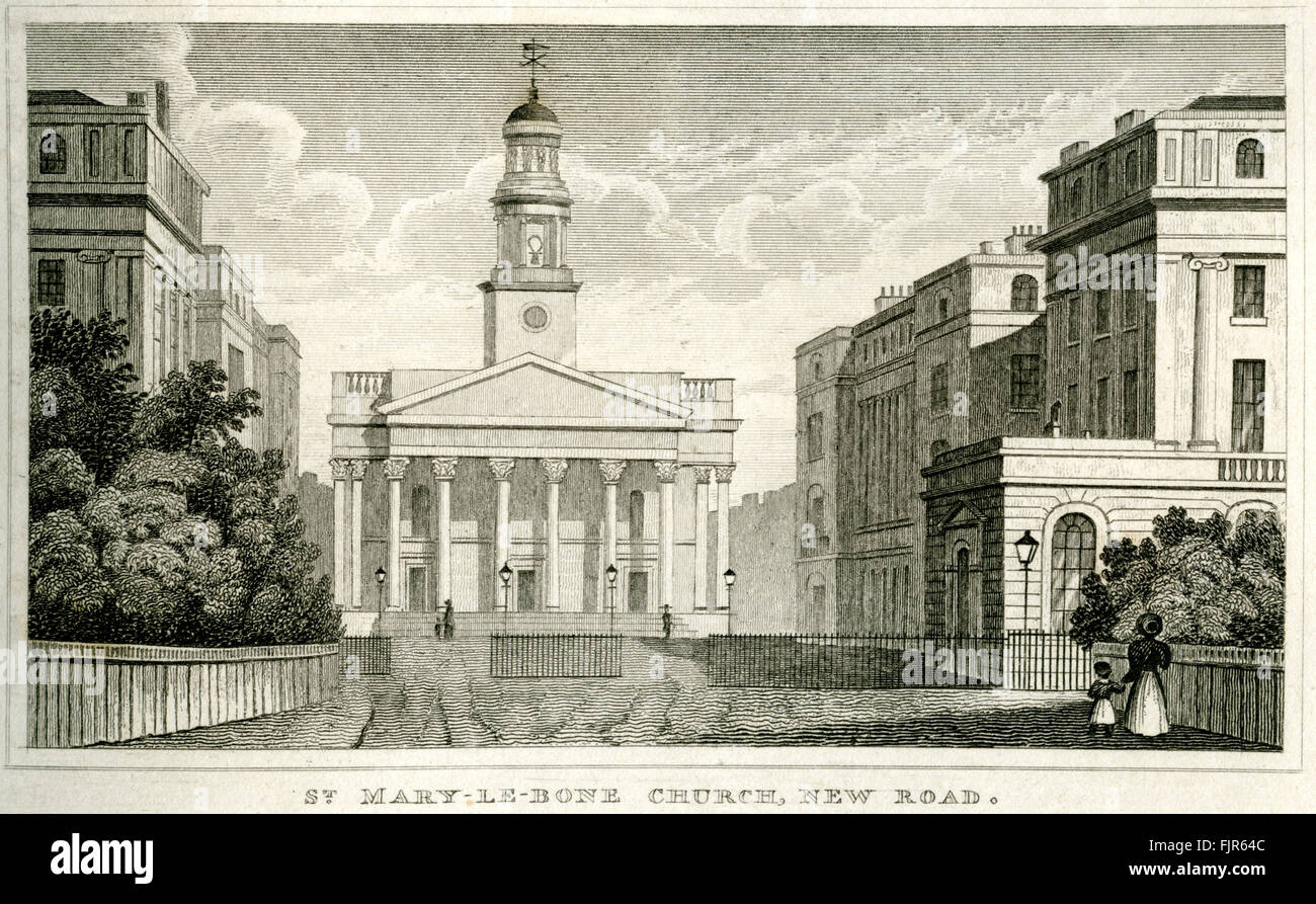 Kirche St. Marylebone, New Road, von York Gate, Regent es Park, London 1853 gesehen. Erbaut 1813-17 nach Plänen von Thomas Hardwick (1752 – 1829) Stockfoto