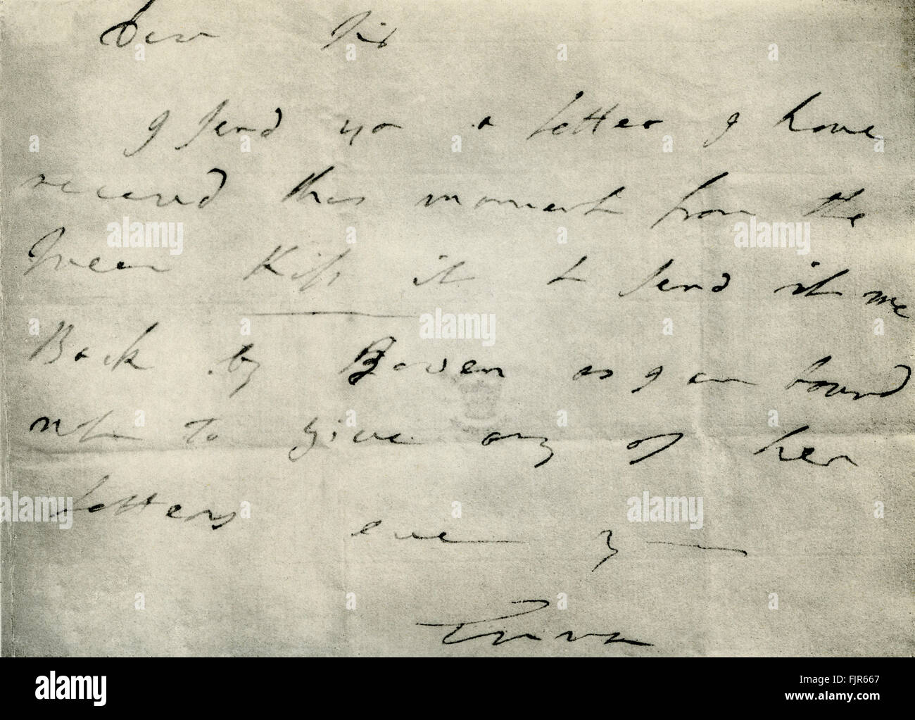 Handschriftlichen Brief von Emma Lady Hamilton (1765 – 1815), Admiral Horatio Nelson (1758-1805), 17. Juni 1798. Brief liest: "sehr geehrter Herr, ich schicke Ihnen einen Brief ich diesen Moment von der Königin habe. Küssen Sie ihn und schicken Sie es zurück von Bowen, da ich gebunden bin, nicht an ihrer Briefe geben. Jemals Ihr Emma " Stockfoto