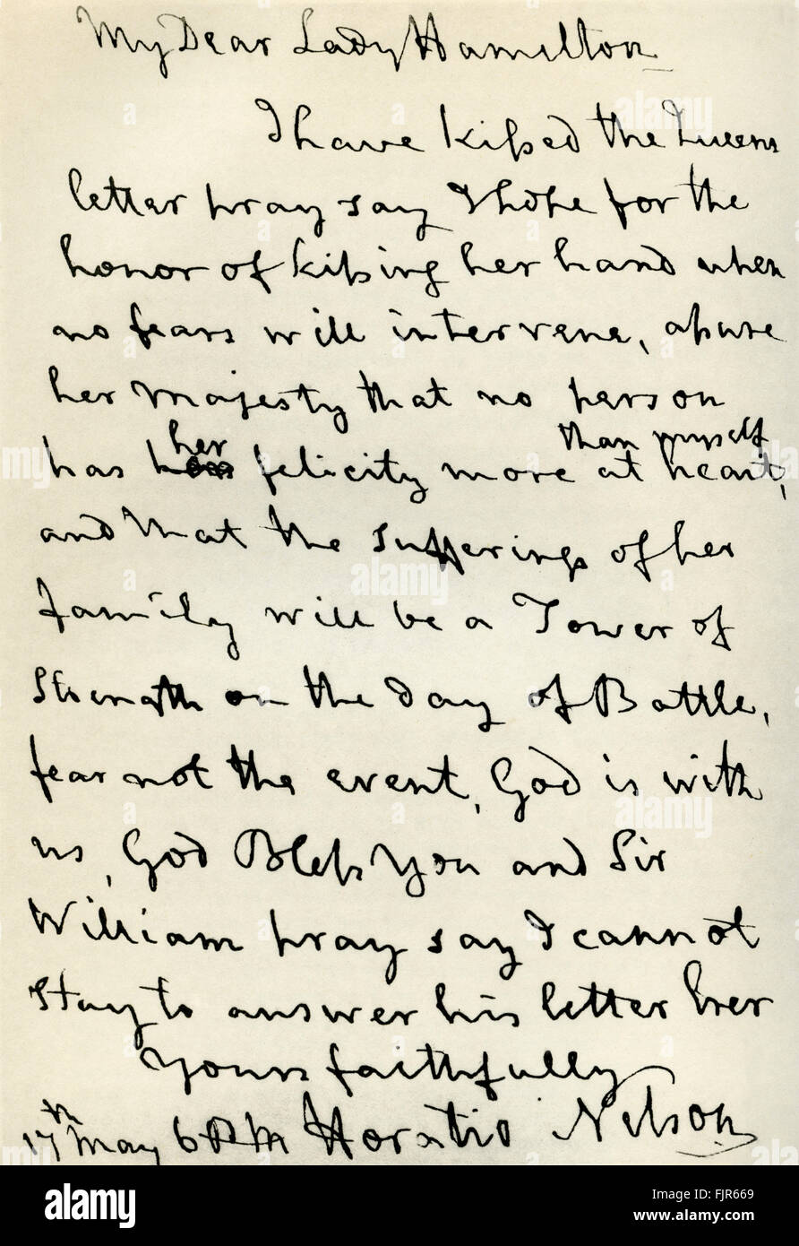 Handschriftlichen Brief von Admiral Horatio Nelson (1758-1805), Emma Lady Hamilton (1765 – 1815), 17. Juni 1798. Brief liest: "meine Liebe Lady Hamilton, ich habe die Königin Brief geküsst. Beten sagen, dass ich hoffe, dass die Ehre, ihre Hand zu küssen, wenn keine Ängste eingreifen werden, ihrer Majestät zu gewährleisten, dass niemand ihre Glückseligkeit mehr als mich im Herzen und die Leiden ihrer Familie werden am Tag der Schlacht, Angst, die nicht das Ereignis, Gott mit uns ist ein Turm der Stärke hat, Gott segne Sie und Sir William , sagen kann ich nicht beantworten, seinen Brief zu beten. Immer dir treu, Horatio Nelson " Stockfoto