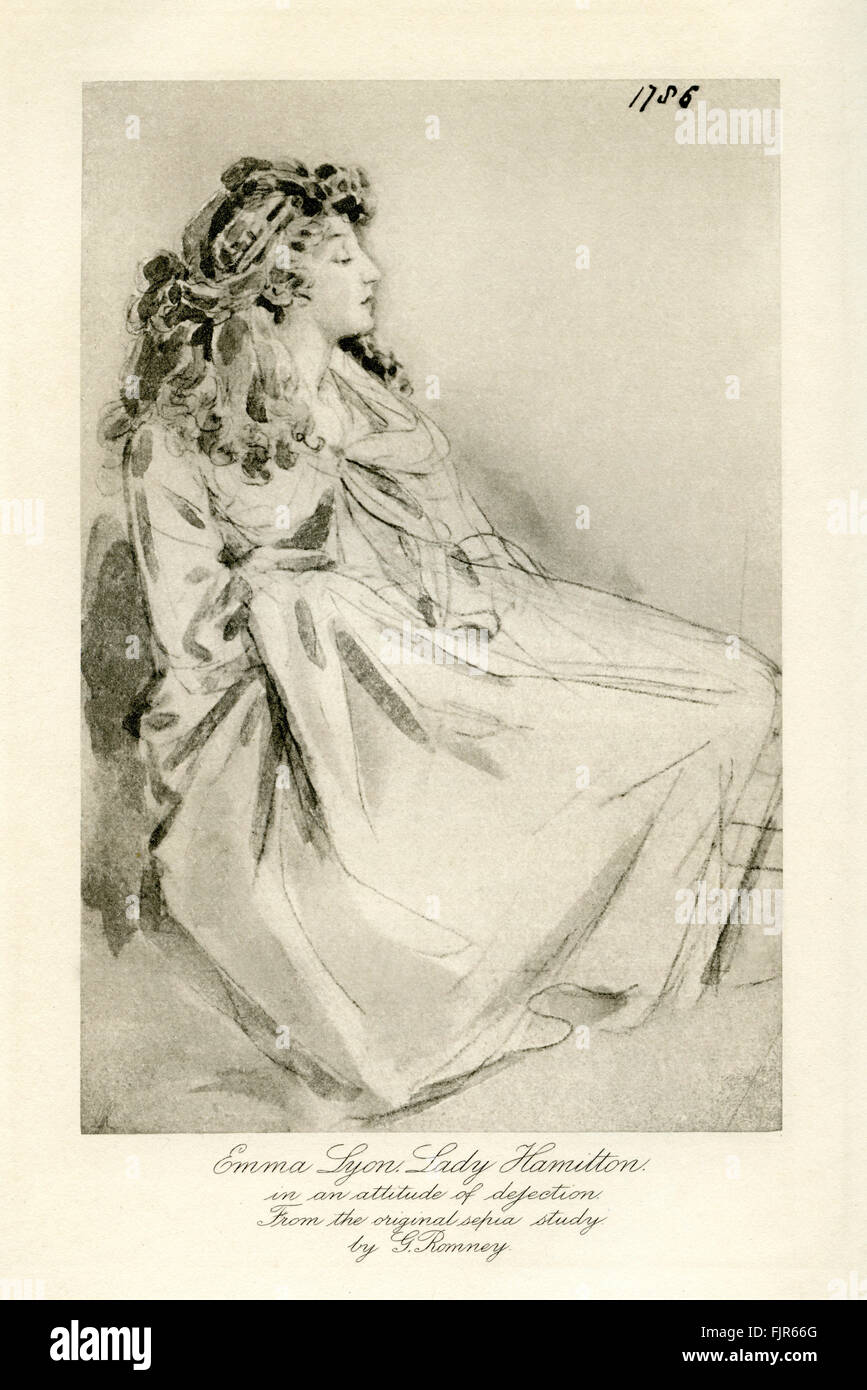 Emma Lady Hamilton (1765 – 1815) in einer Haltung der Niedergeschlagenheit. Aus einer Sepia Studie von George Romney. Stockfoto