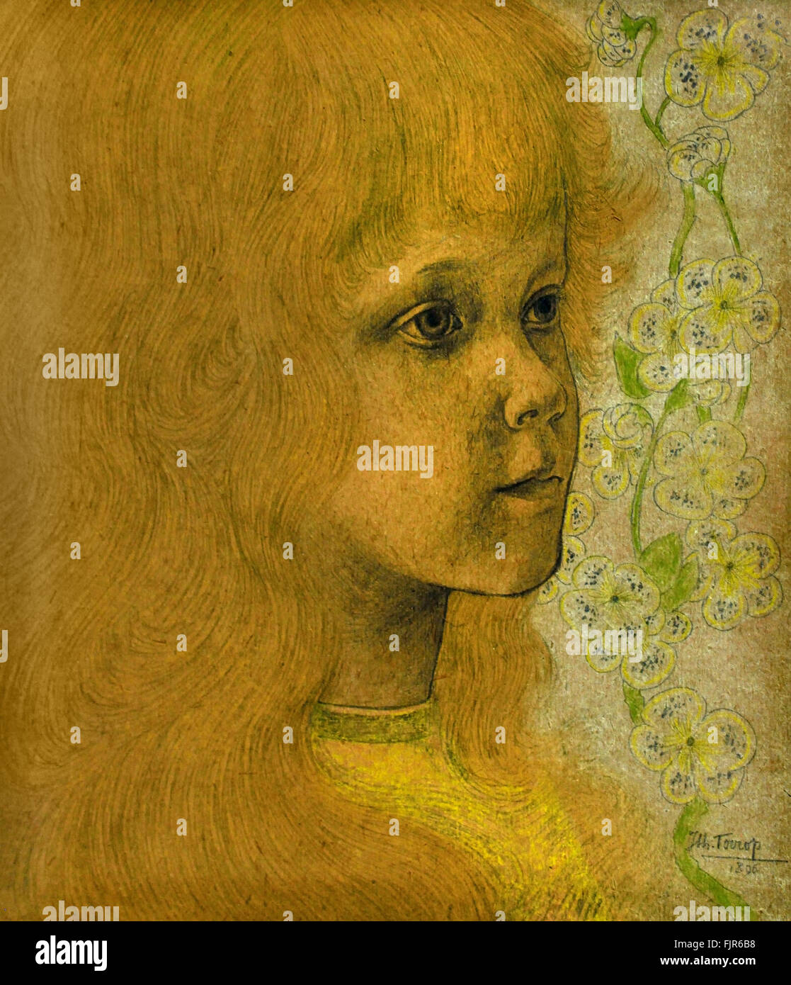 Kopf eines Mädchens mit blonden Haaren 1896 Jan Toorop (Johannes Theodorus Toorop) 1858-1928 niederländischen indonesische Maler Symbolik - Jugendstil - Pointillismus (Amsterdam Impressionismus Bewegung. Niederländische Niederlande Indonesien) Stockfoto