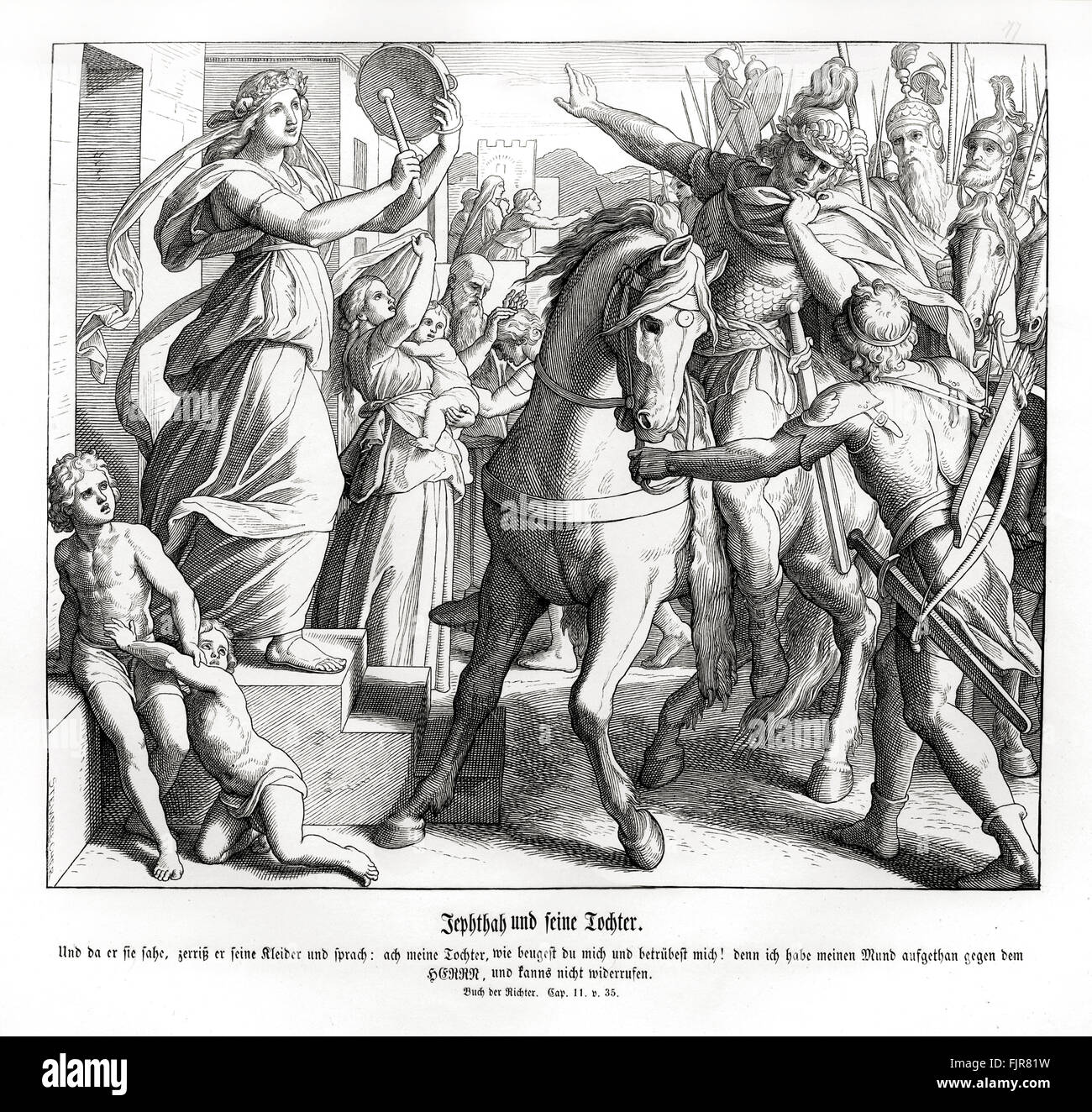 Jephta und seine Tochter, Richter Kapitel XI Vers 35 "und es begab sich, als er sah, dass er seine Kleider mieten, und: Ach sagte, meine Tochter! Du hast mich sehr niedrigen gebracht, und du bist einer von ihnen, die mich beunruhigen: denn ich habe meinen Mund den Herrn eröffnet, und ich kann nicht zurück gehen. " 1852-60 Illustration von Julius Schnorr von Carolsfeld Stockfoto