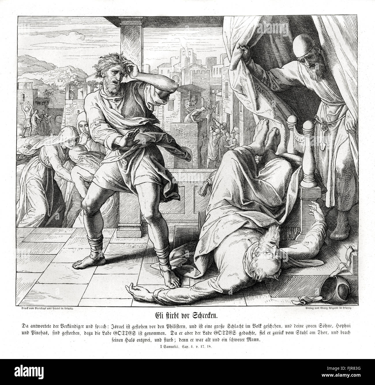 Tod von Eli, 1 Samuel Kapitel IV Verse 17-18 "und der Bote antwortete und sprach: Israel ist flohen vor den Philistern, und es war auch ein großes Gemetzel unter den Menschen und deine beiden Söhne auch, Hofni und Pinhas, sind tot, und die Lade Gottes genommen. Und es begab sich: als er hat, erwähnt die Lade Gottes, das er fiel aus dem off den Sitz nach hinten von der Seite des Tores und seinen Hals-Bremse, und er starb: denn er ein Alter Mann, und schwer war. Und er hatte Israel vierzig Jahre beurteilt. " 1852-60 Illustration von Julius Schnorr von Carolsfeld Stockfoto
