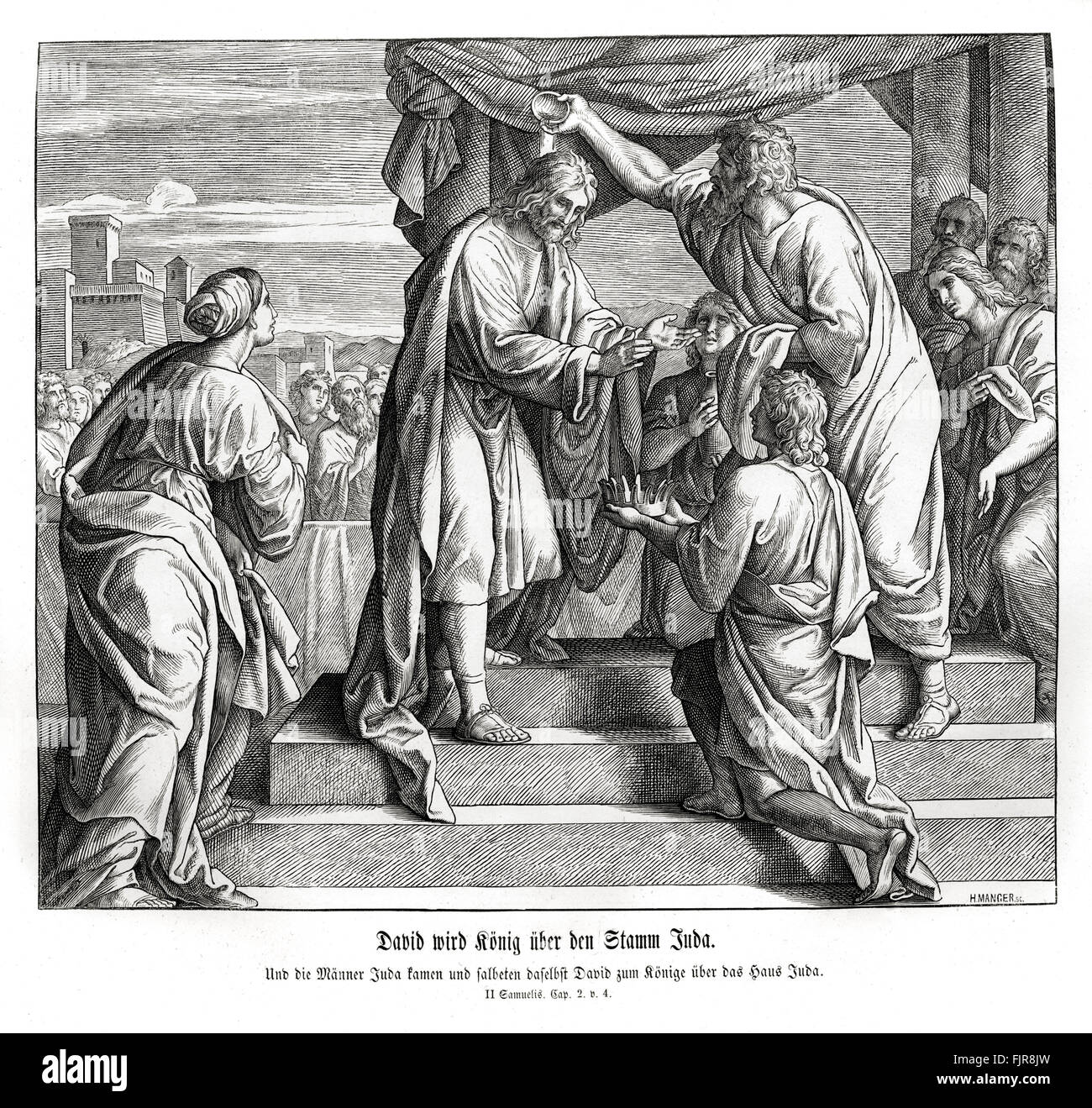 David wird König über die Linie von Juda, 2 Samuel Kapitel II Vers 4 "So David ging dahin, und seine beiden Ehefrauen auch Ahinoam der Jezreelitess und Abigail Nabal die Frau die Karmeliter. Und seine Männer, die mit ihm David brachte, jeder Mensch mit seinem Haushalt: und sie lebten in den Städten von Hebron. Die Männer von Juda kam und es sie über das Haus Juda David zum König gesalbt. Und sie erzählte David, sagen, dass die Männer der Jabeshgilead waren sie, die Saul begraben. " 1852-60 Illustration von Julius Schnorr von Carolsfeld Stockfoto