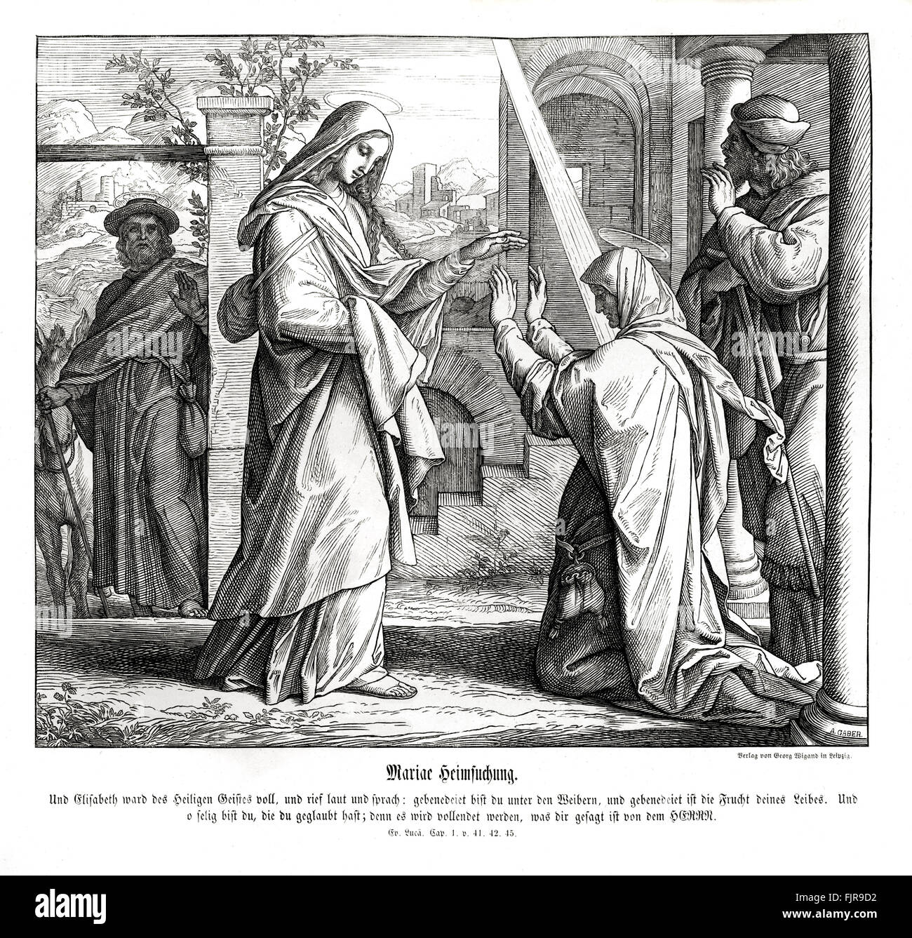 Heimsuchung, Lukas-Evangelium Kapitel ich Verse 41-45 "und es begab sich, dass als Elisabeth den Gruß Marias hörte, hüpfte das Kind in ihrem Schoß." 1852-60 Illustration von Julius Schnorr von Carolsfeld Stockfoto