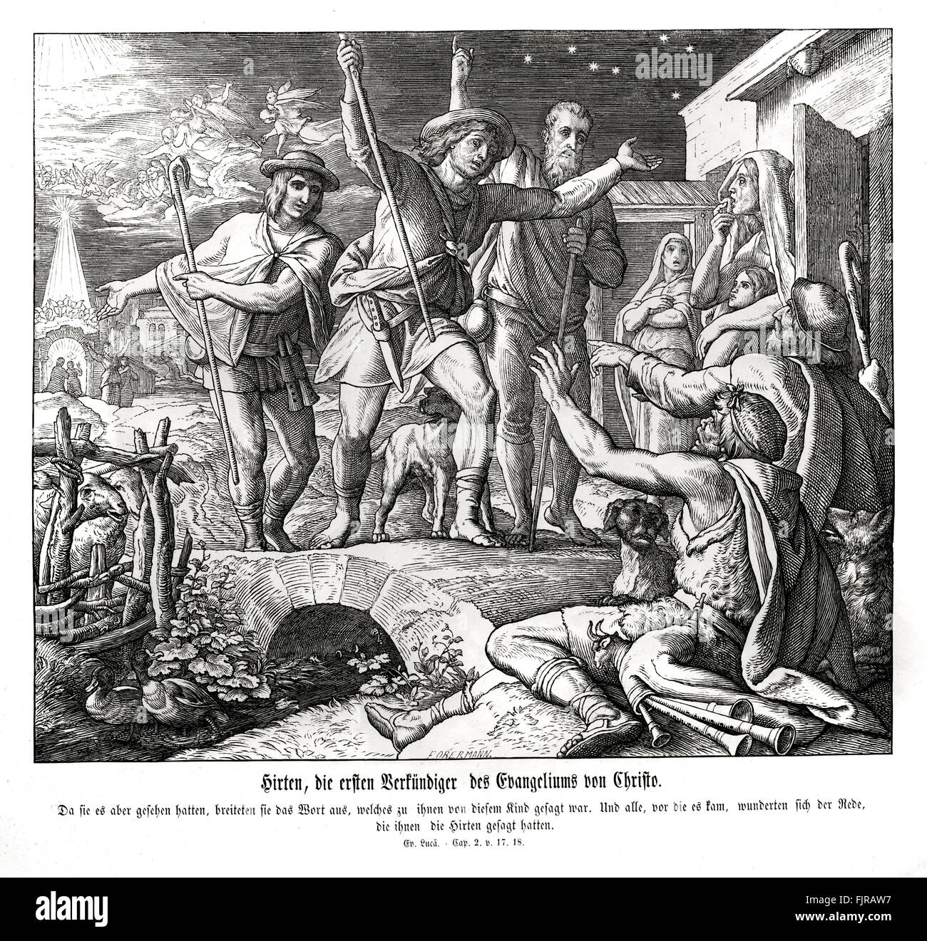 Die Hirten das Evangelium verbreiten, Lukas-Evangelium Kapitel II Verse 17-18 "und wenn sie es gesehen hatten, machte sie bekannt im Ausland das Sprichwort, das ihnen über dieses Kind gesagt wurde. Und alle, die es gehört wunderte sich über die Dinge, die ihnen von den Hirten gesagt wurde. " 1852-60 Illustration von Julius Schnorr von Carolsfeld Stockfoto