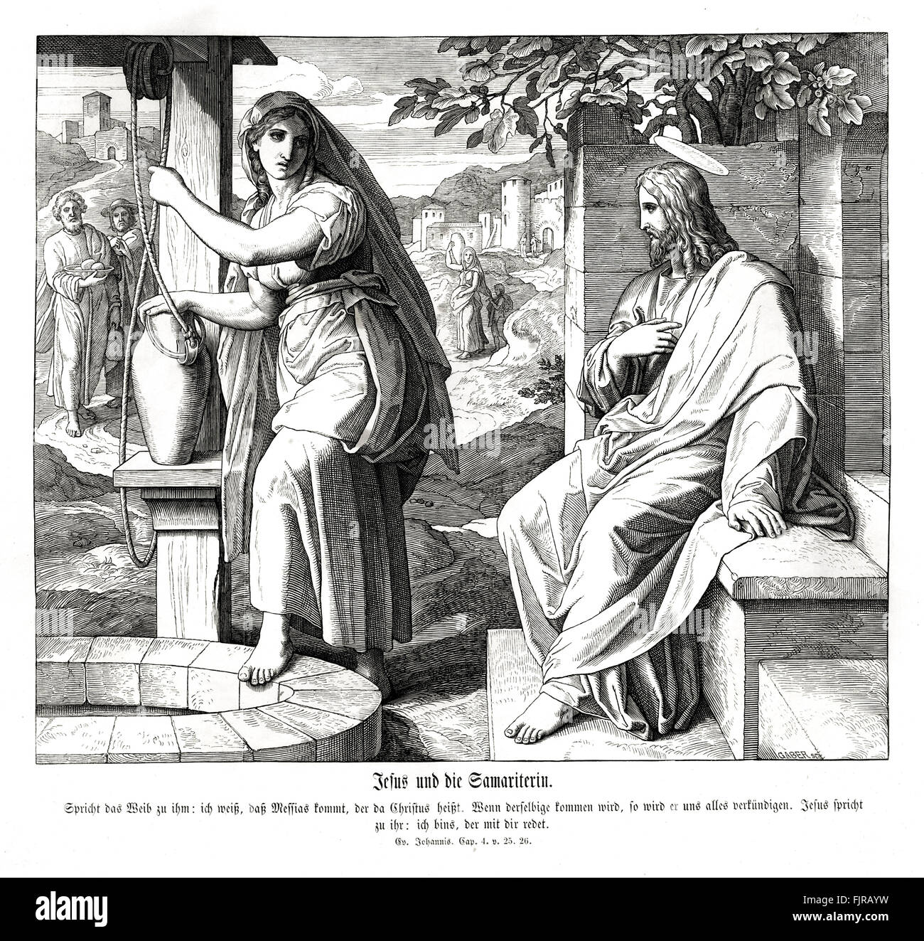 Jesus und die Samariterin, Johannes-Evangelium Kapitel IV, Vers 25-26 "die Frau spricht zu ihm: ich weiß, dass der Messias kommt, der Christus genannt wird: wenn er kommen wird, wird er uns alles sagen. Jesus spricht zu ihr: ich, die zu dir sprechen bin er. " 1852-60 Illustration von Julius Schnorr von Carolsfeld Stockfoto