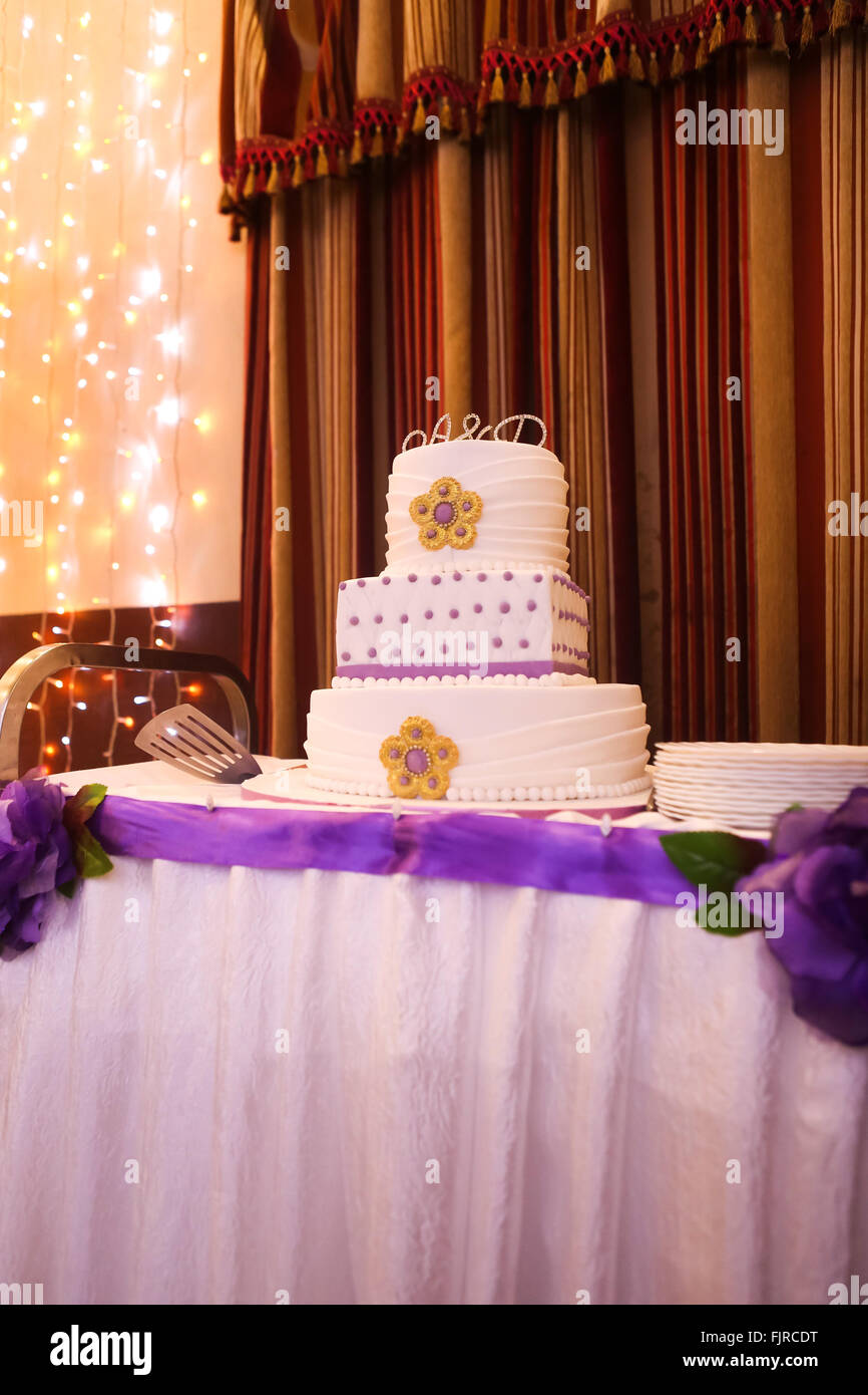 Wunderschöne mehrstufigen Hochzeitstorte mit violetten Tönen Stockfoto