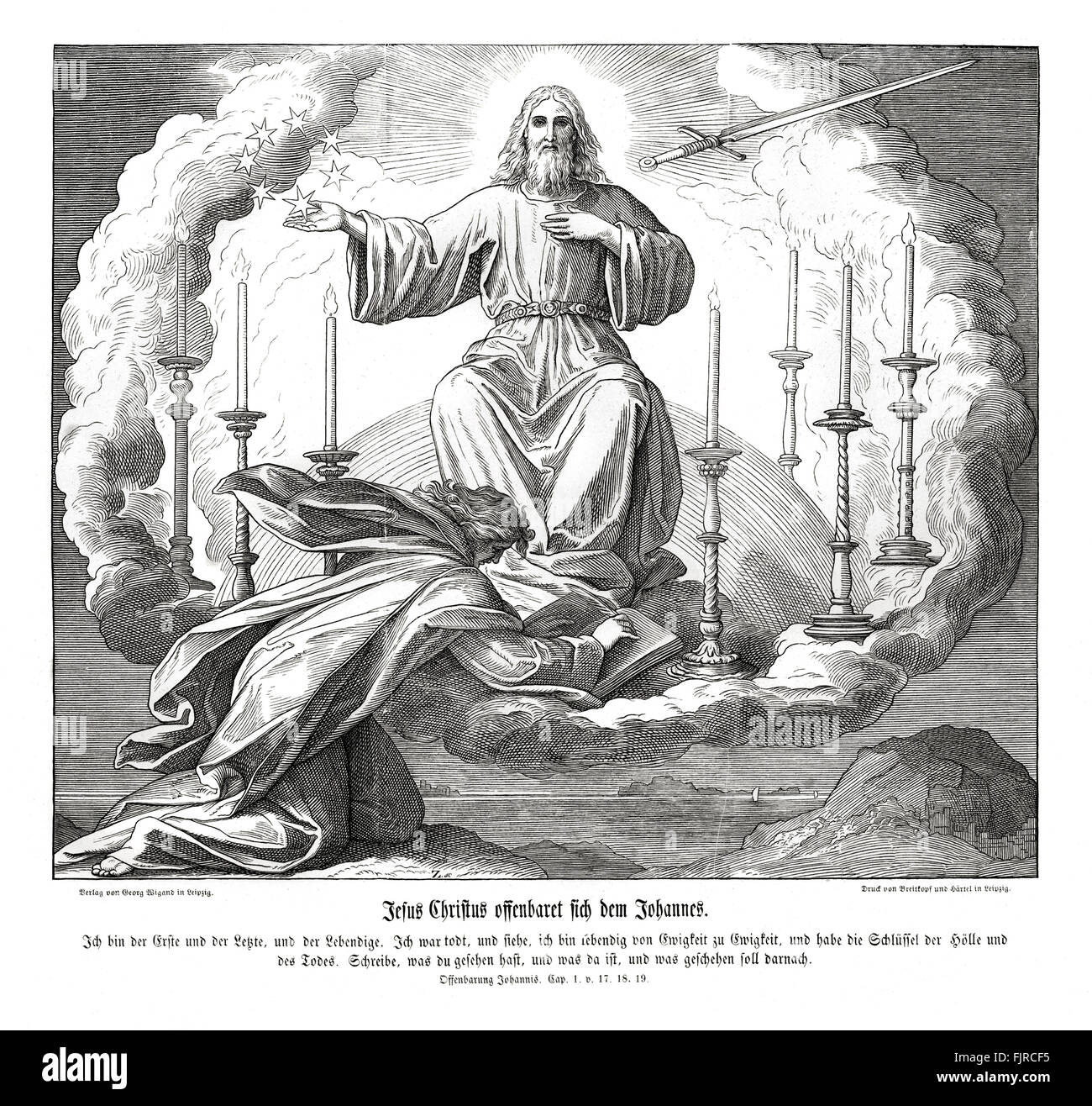 Jesus Christus offenbart sich Johannes, Offenbarung des Johannes Kapitel ich Verse 17-19 "und als ich ihn sah, fiel ich zu seinen Füßen wie tot. Er legte seine Rechte Hand auf mich und sagte zu mir: fürchte dich nicht; Ich bin der erste und der letzte: Ich bin er diese lebt, und war tot; und siehe, ich bin lebendig für ewig "1852-60 Illustration von Julius Schnorr von Carolsfeld Stockfoto