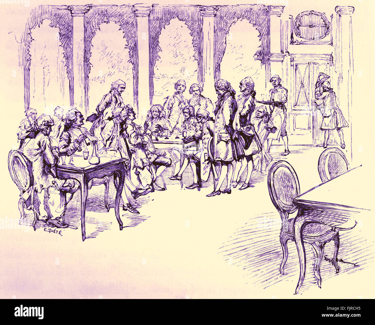 Das Café Procope ("Le Procope") im späten 17. Jahrhundert, Anfang 18. Jahrhundert Paris, Frankreich, wo die modische Mimen versammelt.  Schauspieler und Dramatiker Vermischung. 1688 - 1763 Stockfoto