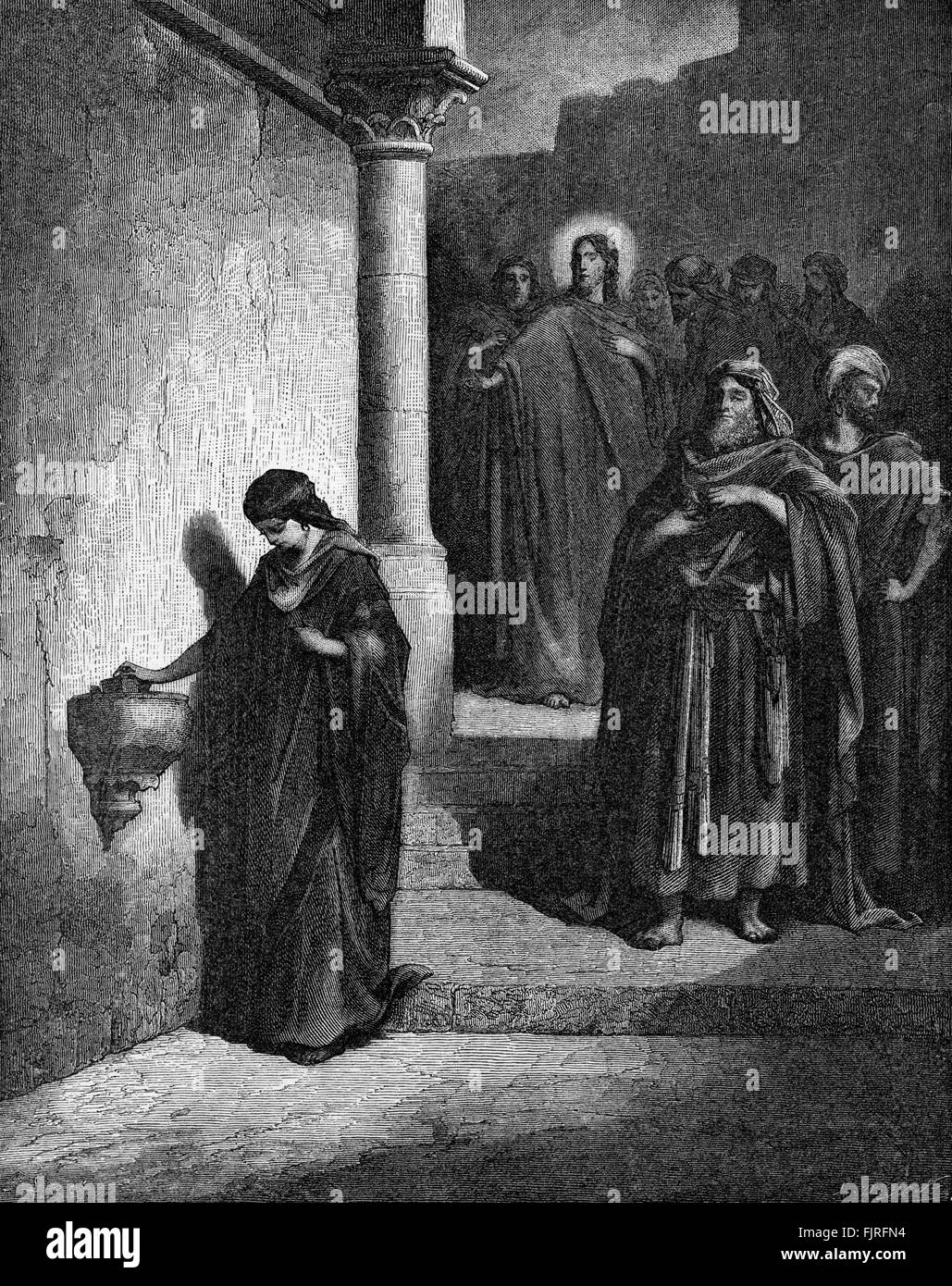Das Angebot an die arme Witwe und der reiche Mann in den Tempel (Mark Kapitel XII), Illustration von Gustave Doré (1832 – 1883) Stockfoto