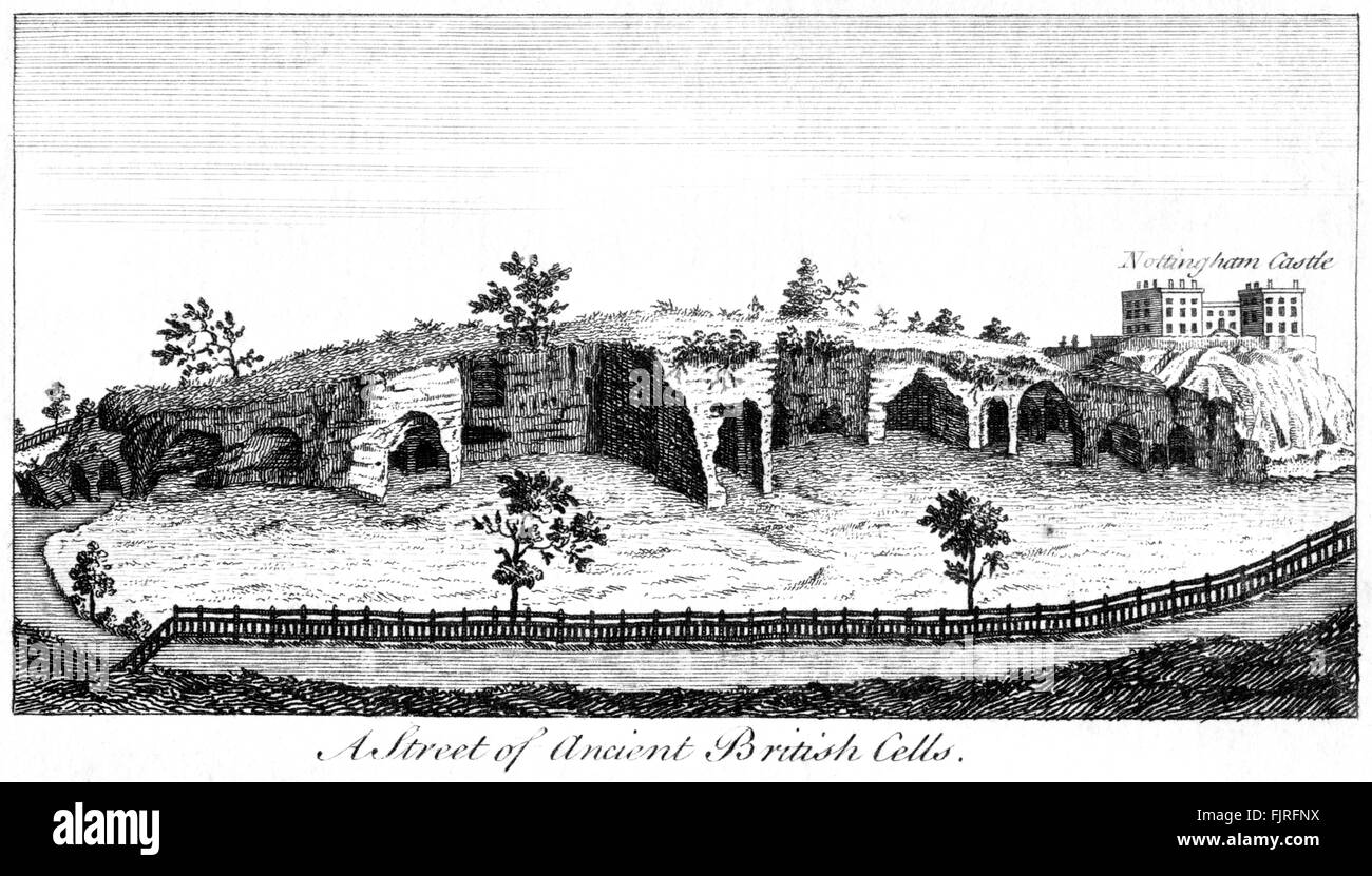 Gravur von A Straße der alten britischen Zellen, Nottingham Castle (The Park Rock Löcher) mit hochauflösenden aus einem Buch von 1763 gescannt. Stockfoto