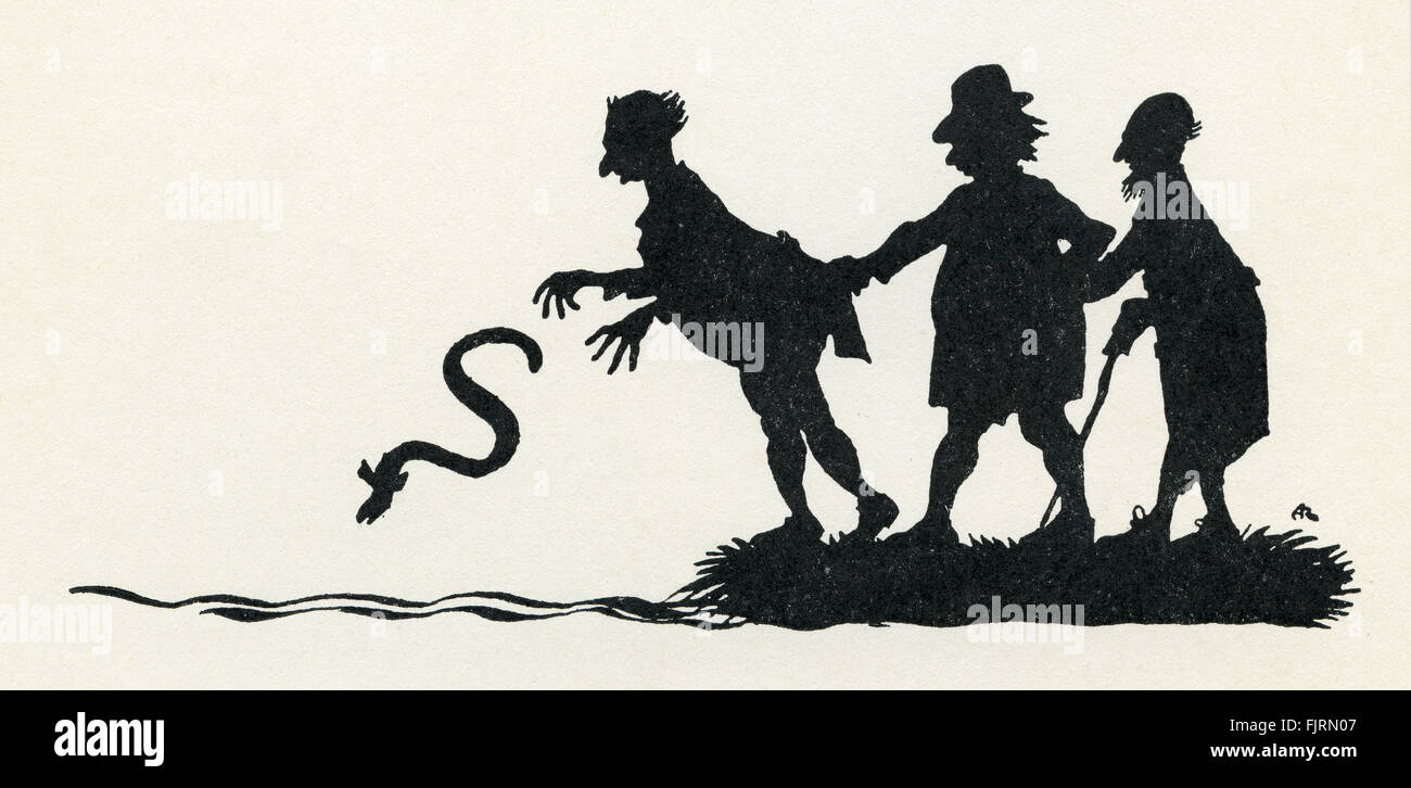 Die weisen Männer von Gotham, englische Märchen. Des Ertrinkens Aale. Silhouette. Illustration von Arthur Rackham (1867-1939) Stockfoto