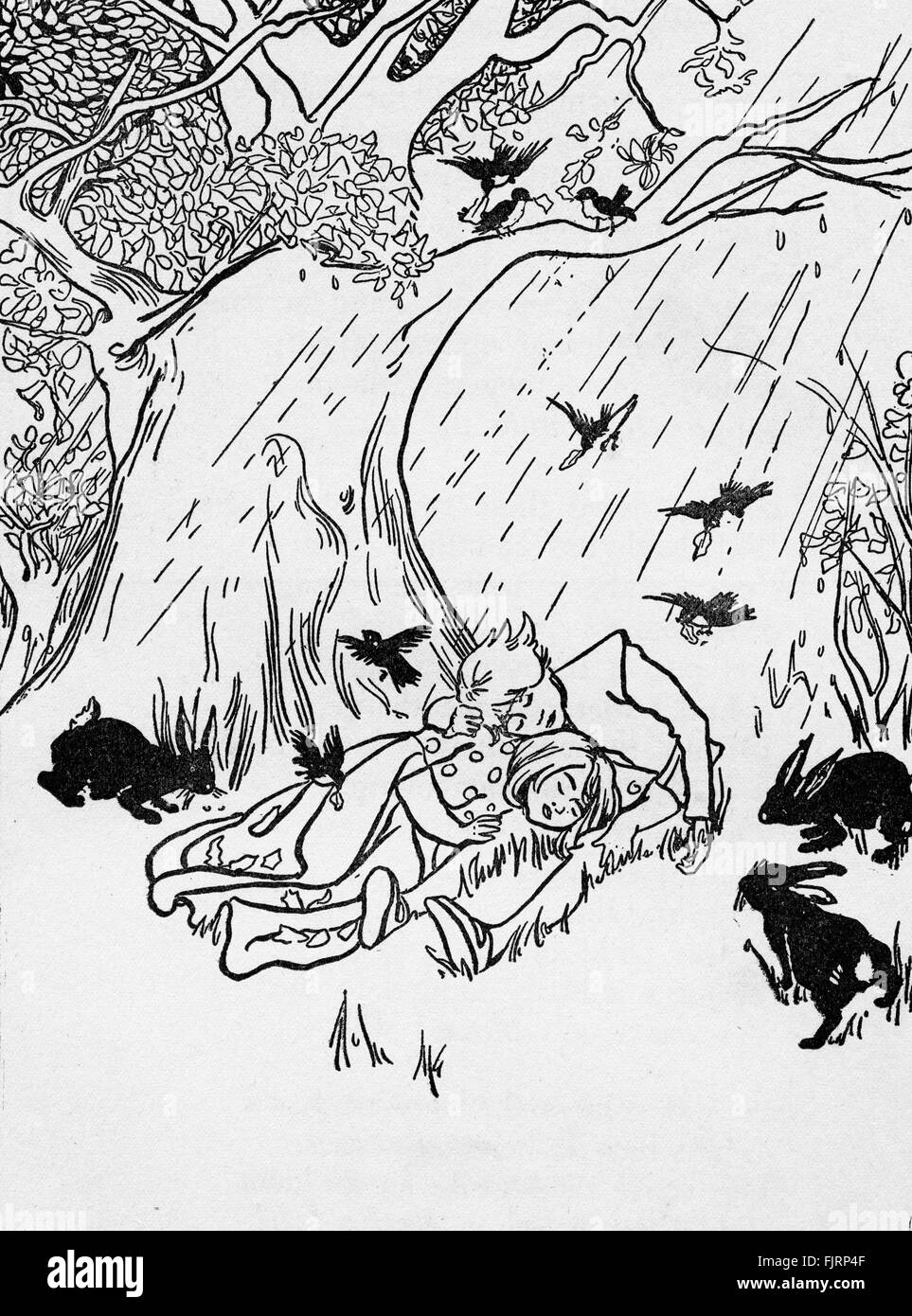 Die Babes in the Wood. Bildunterschrift lautet: Rotkehlchen liebevoll deckten sie mit Blättern. Traditionelle Kindergeschichte Stockfoto