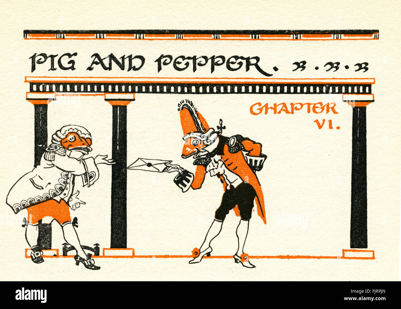 Alices Abenteuer im Wunderland von Lewis Carroll. Illustriert von Gwynedd M Huson (Datum nicht bekannt).   Kapitel 6 Schwein und Pfeffer "ein Lackei in Livree liefert Brief".  LC - britischer Mathematiker und Autor - richtiger Name Charles Lutwidge Dodgson: 27. Januar 1832 – 14. Januar 1898 Stockfoto