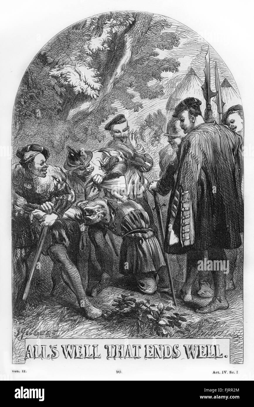 Alles ist gut, dass endet gut von William Shakespeare. . Akt IV, Szene 1. Parolles und sechs Soldaten. Illustration von John Gilbert. Kupferstich von Brüdern Dalziel. Englischer Dichter und Dramatiker getauft 26. April 1564 – 23. April 1616. Stockfoto