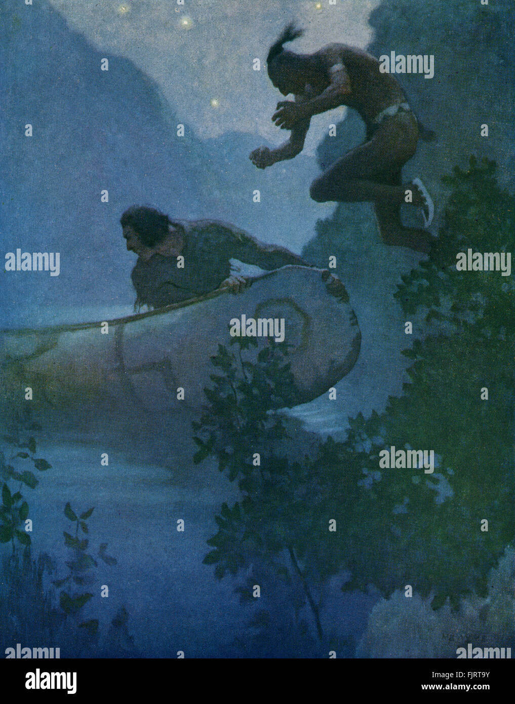 Der Wildtöter von James Fenimore Cooper. Wildtöter wird von einem Inder angegriffen. Bildunterschrift lautet: "Wildtöter warf all seine Kraft in einem verzweifelten Versuch..."  Illustration von N C Wyeth. (1882 - 1945) JFC. US-amerikanischer Autor 15. September 1789 – 14. September 1851 Stockfoto