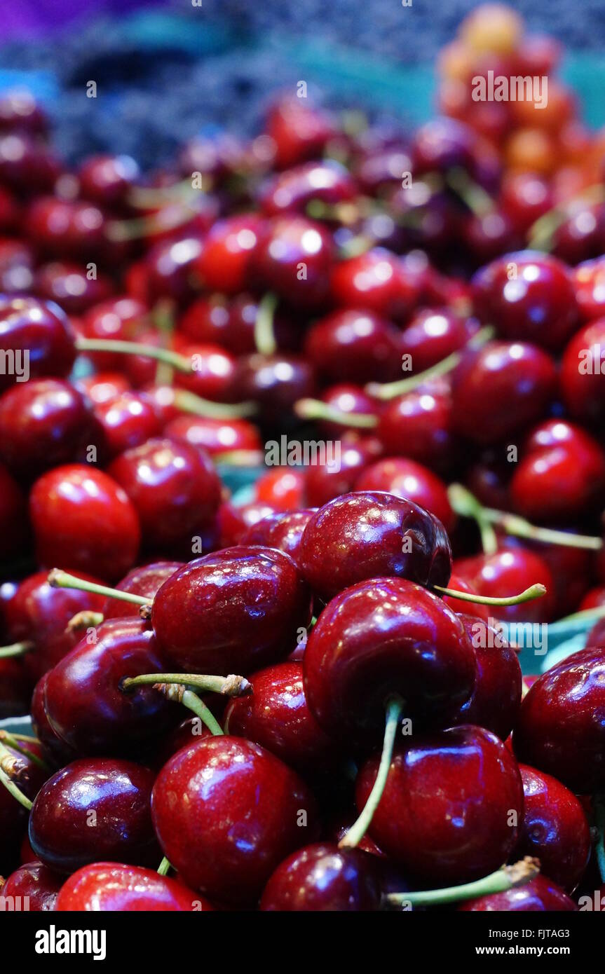 Frische rote Kirschen in großen Mengen auf dem Markt Stockfoto