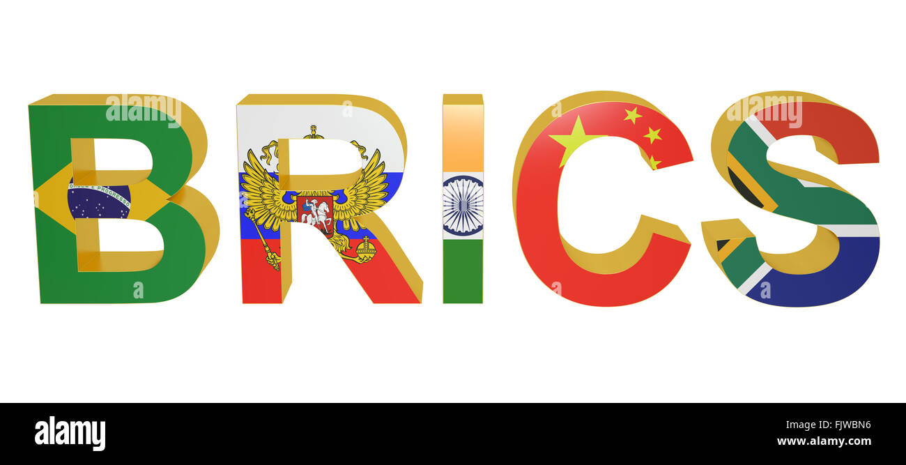 BRICS-Konzept isoliert auf weißem Hintergrund Stockfoto