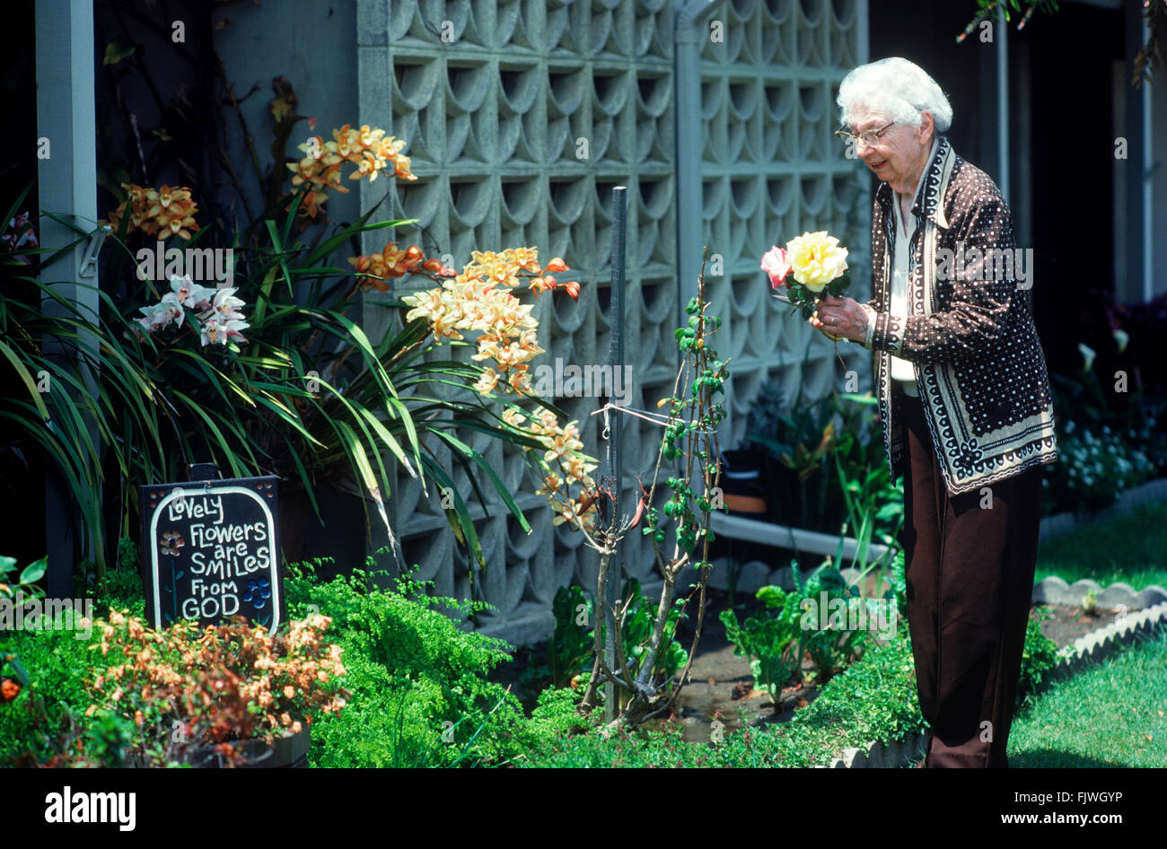 95 Jahre alte Großmutter in ihrem Rosengarten bei Freizeitwelt in Kalifornien mit symbolischen Worte auf Schild Stockfoto